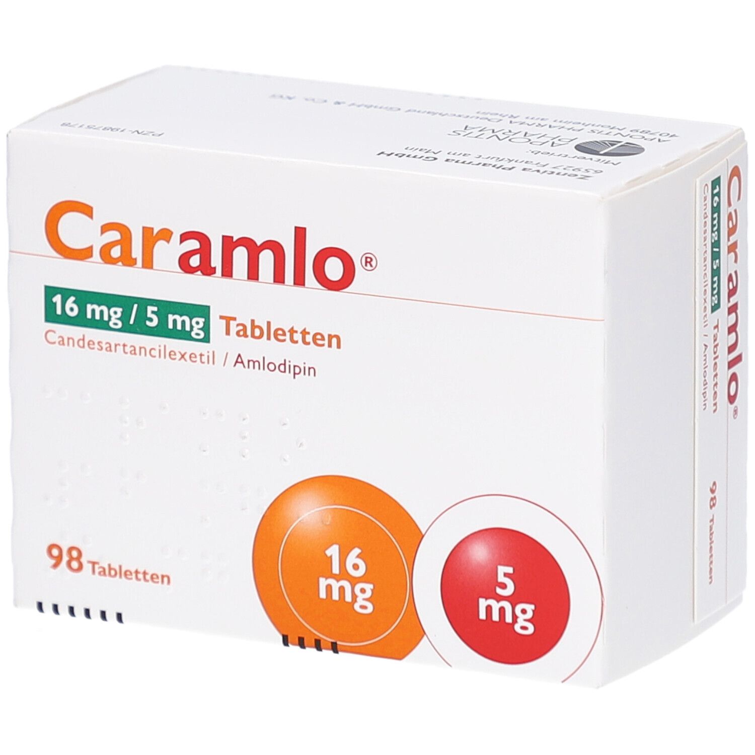 Schachtel mit Tabletten. Aufschrift: Caramlo 16 mg/5 mg Tabletten. 98 Tabletten. Zwei farbige Kreise mit Dosierungsangaben.