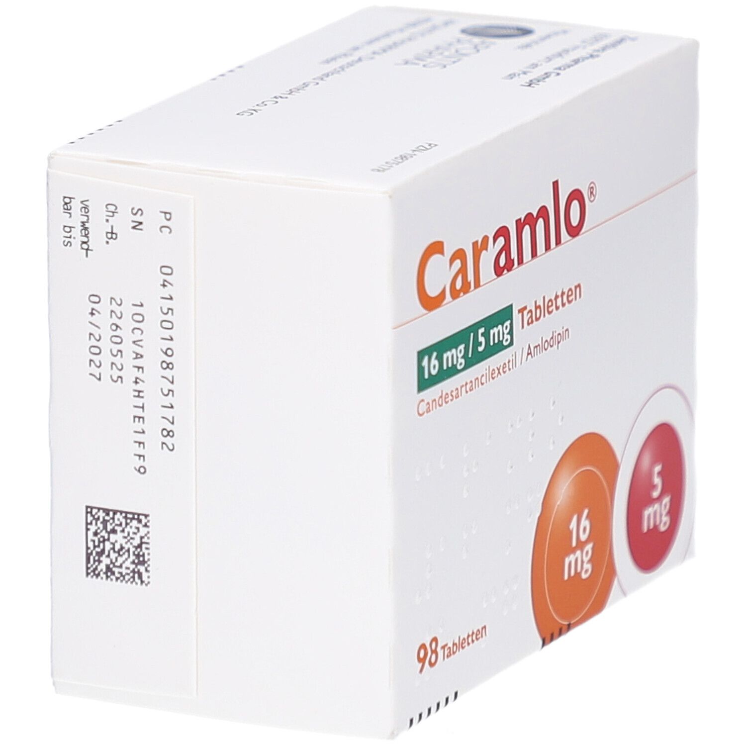 Schachtel mit Tabletten. Aufschrift: Caramlo 16 mg/5 mg Tabletten. 98 Tabletten. Zwei farbige Kreise mit Dosierungsangaben. Rückseite.