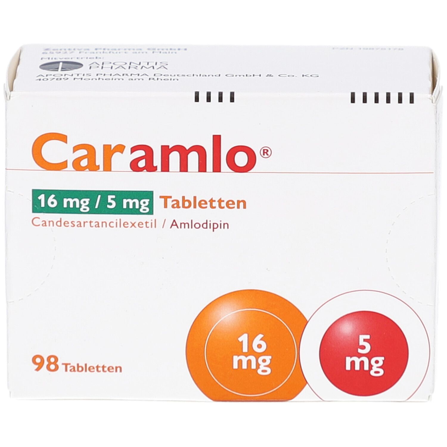 Schachtel mit Tabletten. Aufschrift: Caramlo 16 mg/5 mg Tabletten. 98 Tabletten. Zwei farbige Kreise mit Dosierungsangaben.