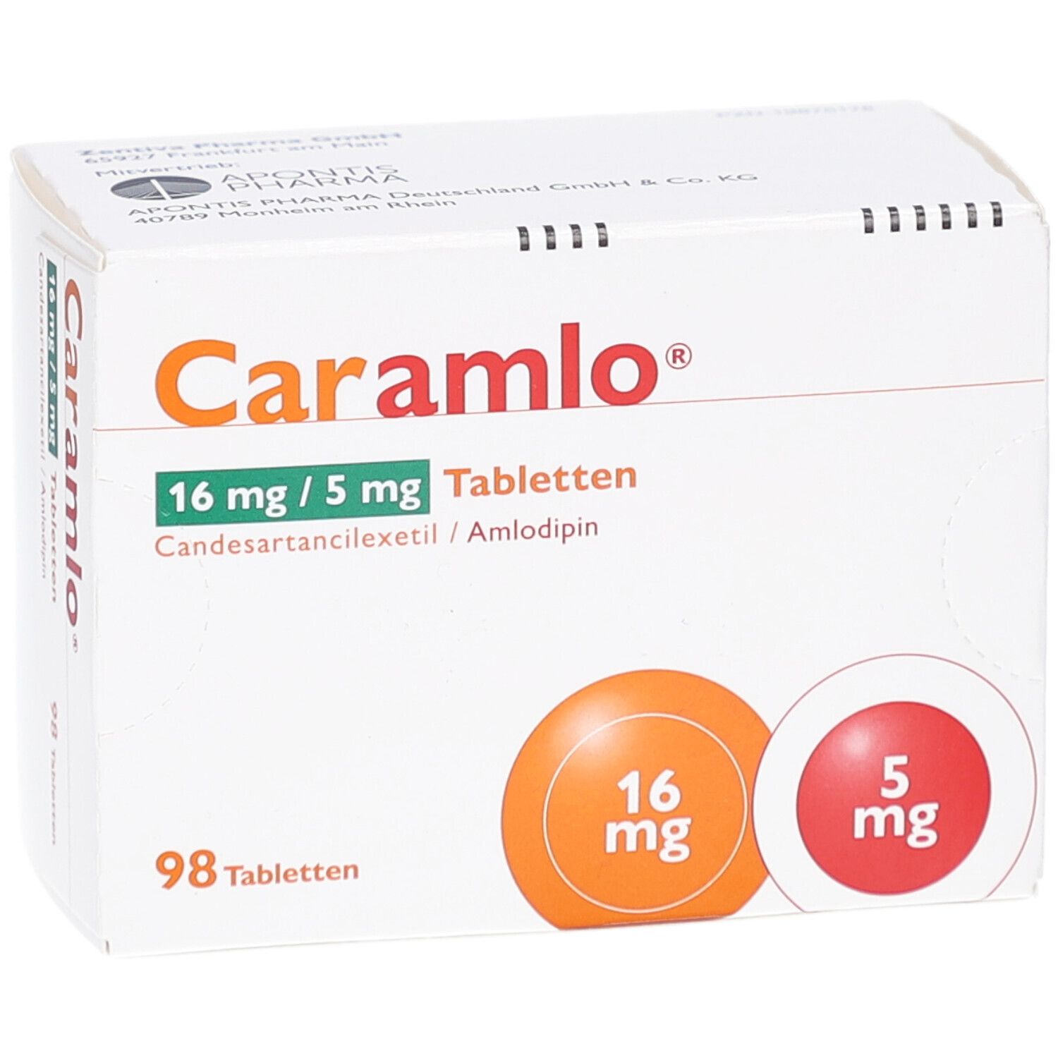 Schachtel mit Tabletten. Aufschrift: Caramlo 16 mg/5 mg Tabletten. 98 Tabletten. Zwei farbige Kreise mit Dosierungsangaben.