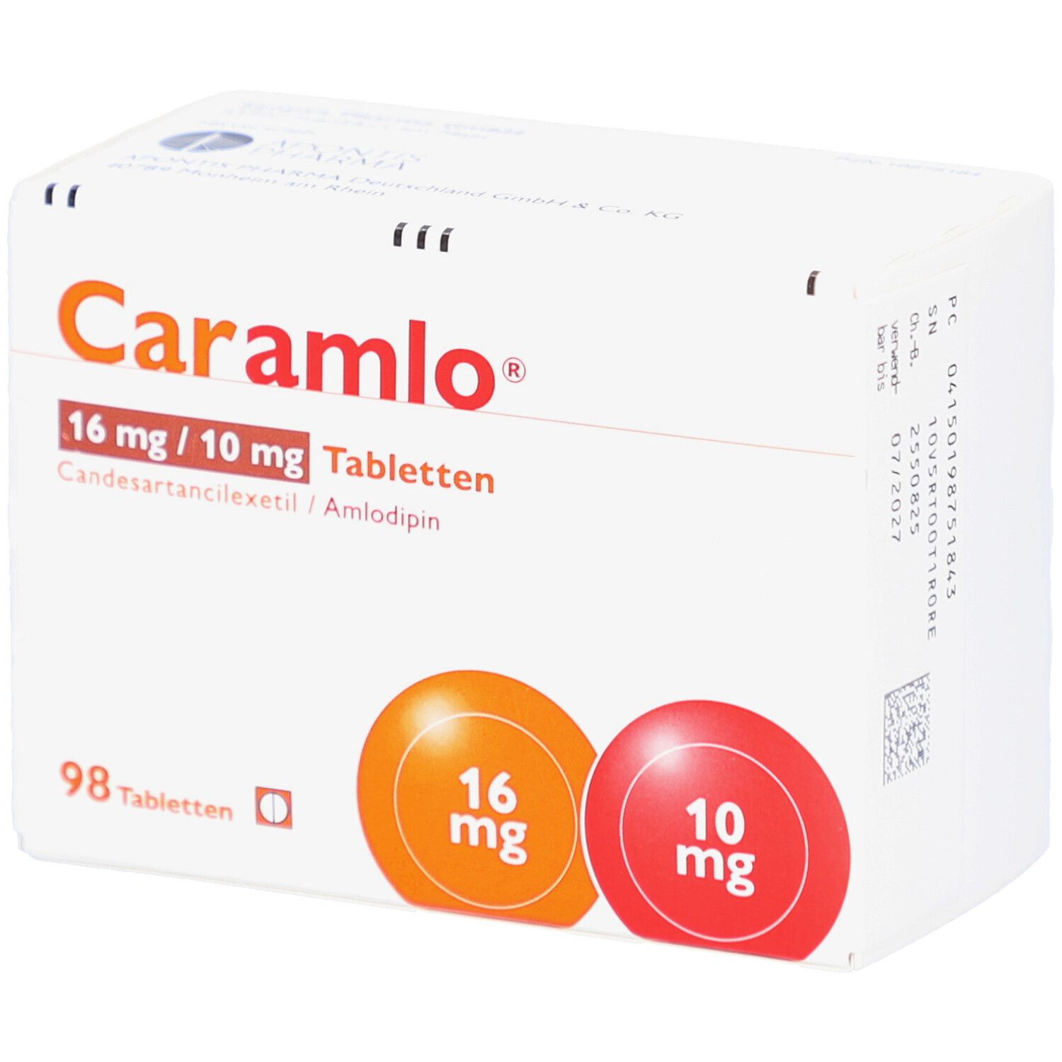 Weiße Tablettenbox mit orangefarbenem und rotem Kreis. Aufschrift: Caramlo 16 mg/10 mg Tabletten. 98 Tabletten.