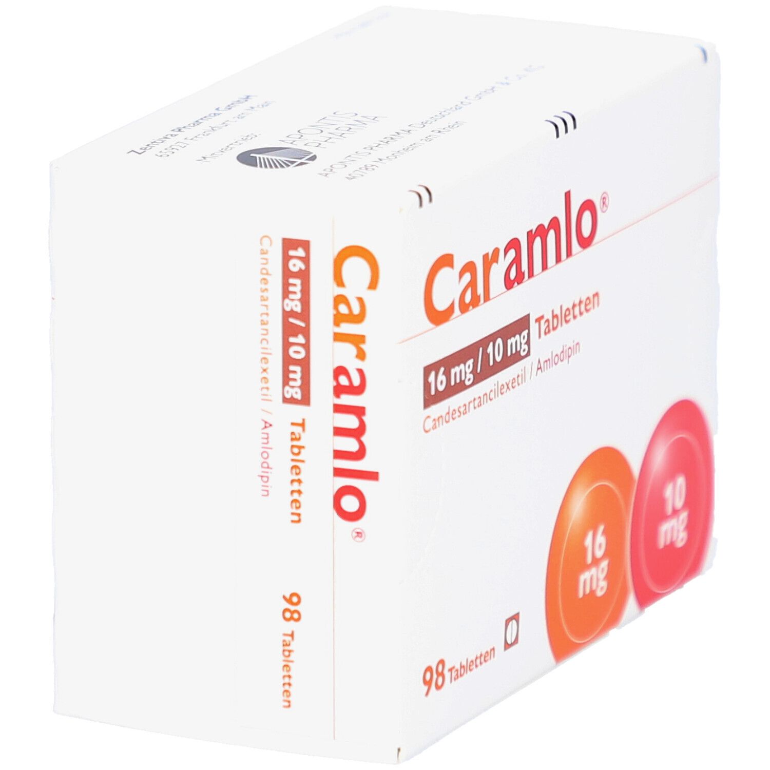 Weiße Tablettenbox mit orangefarbenem und rotem Kreis. Aufschrift: Caramlo 16 mg/10 mg Tabletten. 98 Tabletten.