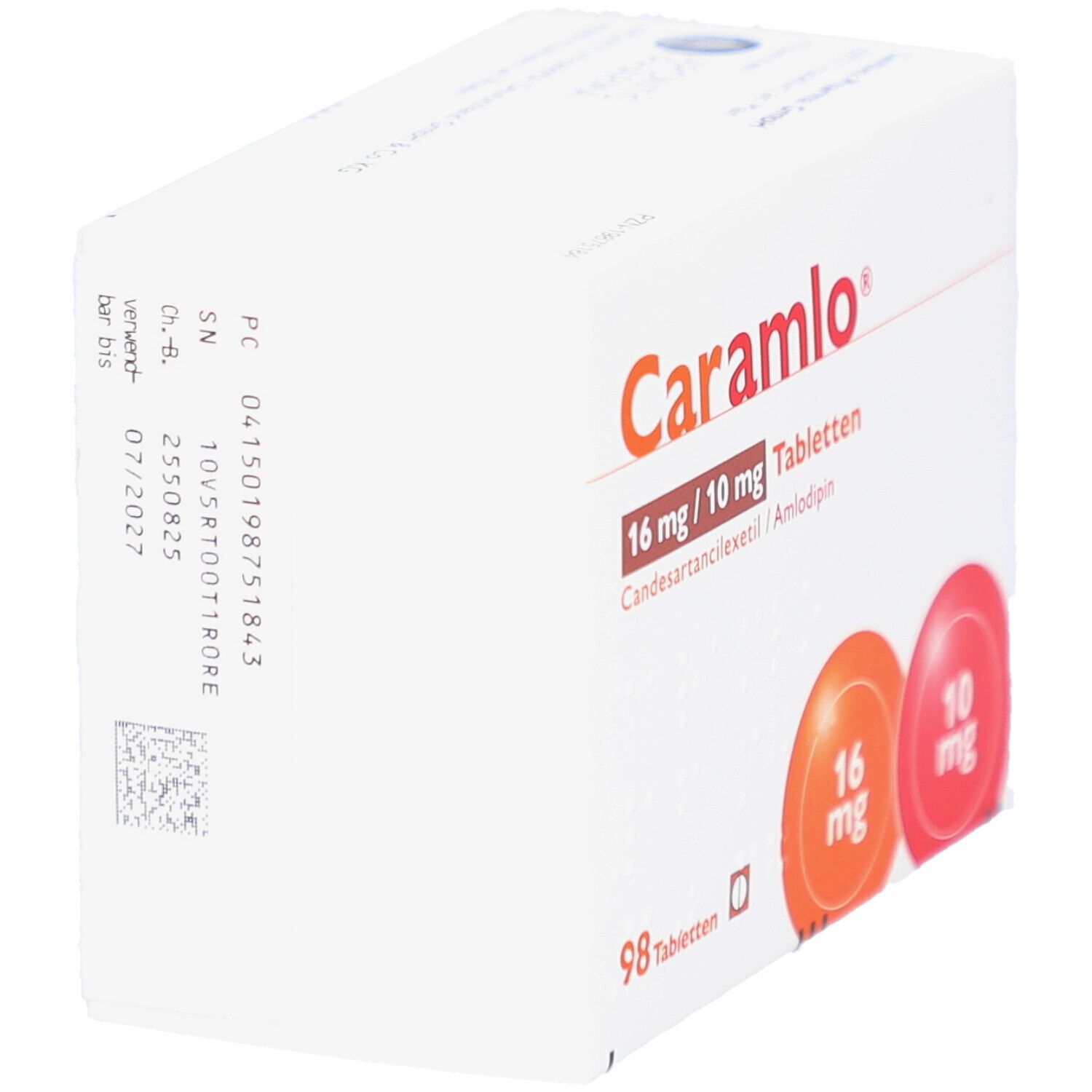 Weiße Tablettenbox mit orangefarbenem und rotem Kreis. Aufschrift: Caramlo 16 mg/10 mg Tabletten. 98 Tabletten.