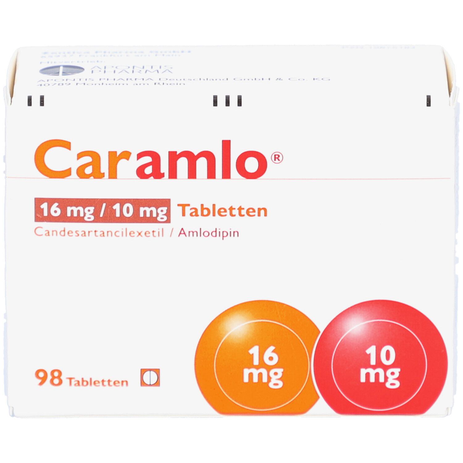 Weiße Tablettenbox mit orangefarbenem und rotem Kreis. Aufschrift: Caramlo 16 mg/10 mg Tabletten. 98 Tabletten.