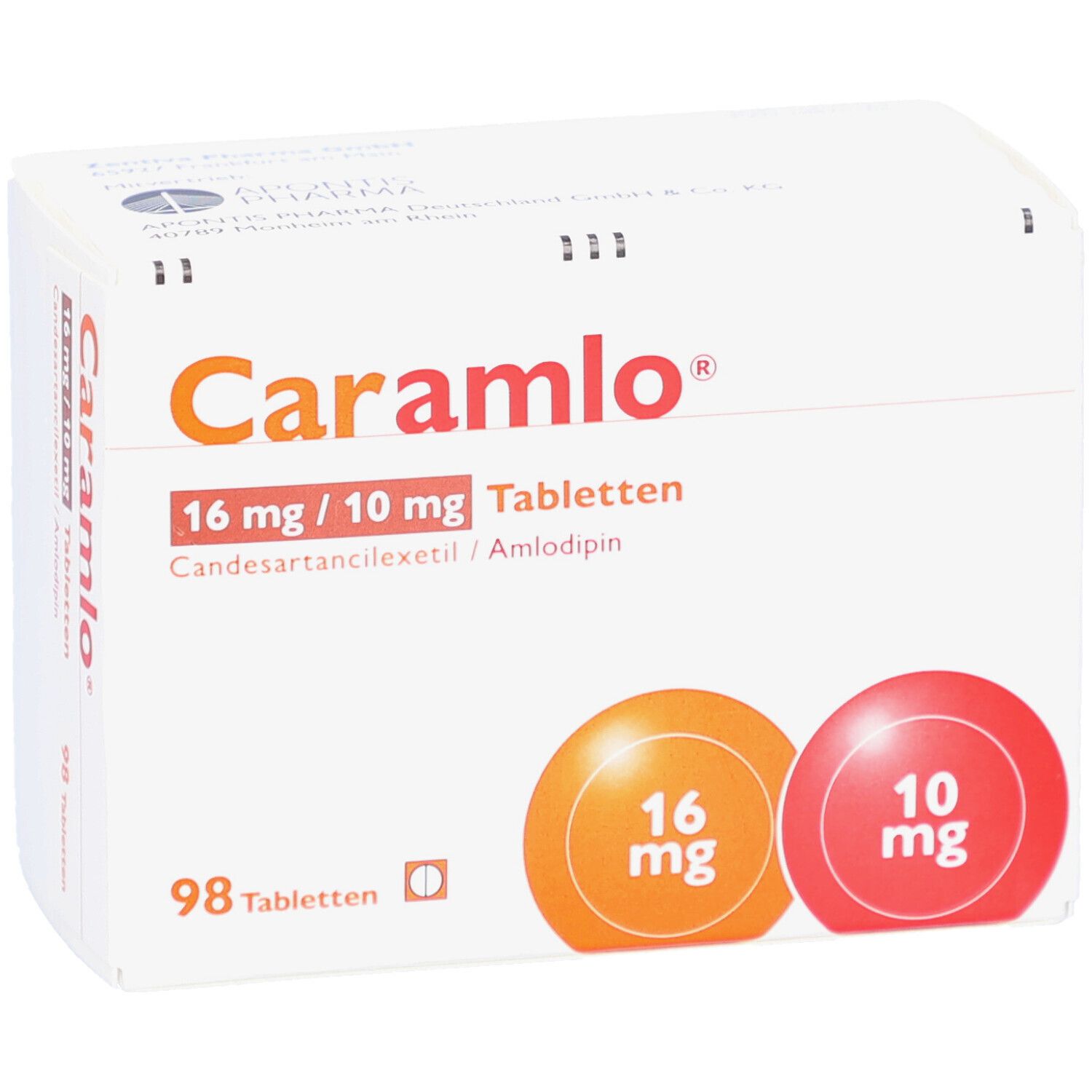 Weiße Tablettenbox mit orangefarbenem und rotem Kreis. Aufschrift: Caramlo 16 mg/10 mg Tabletten. 98 Tabletten.