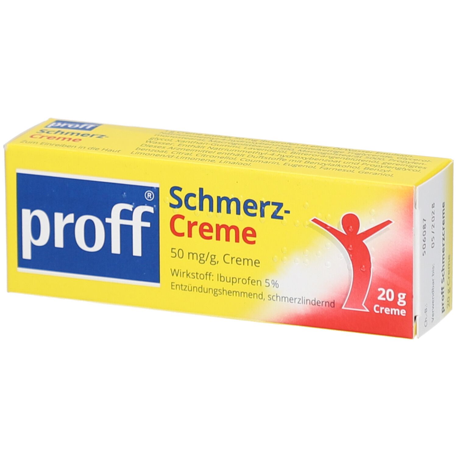 Gelbe Schachtel mit blauer Schrift. Aufschrift: proff Schmerz-Creme, 50 mg/g, Creme. Enthält Ibuprofen 5%. 20 g Creme.
