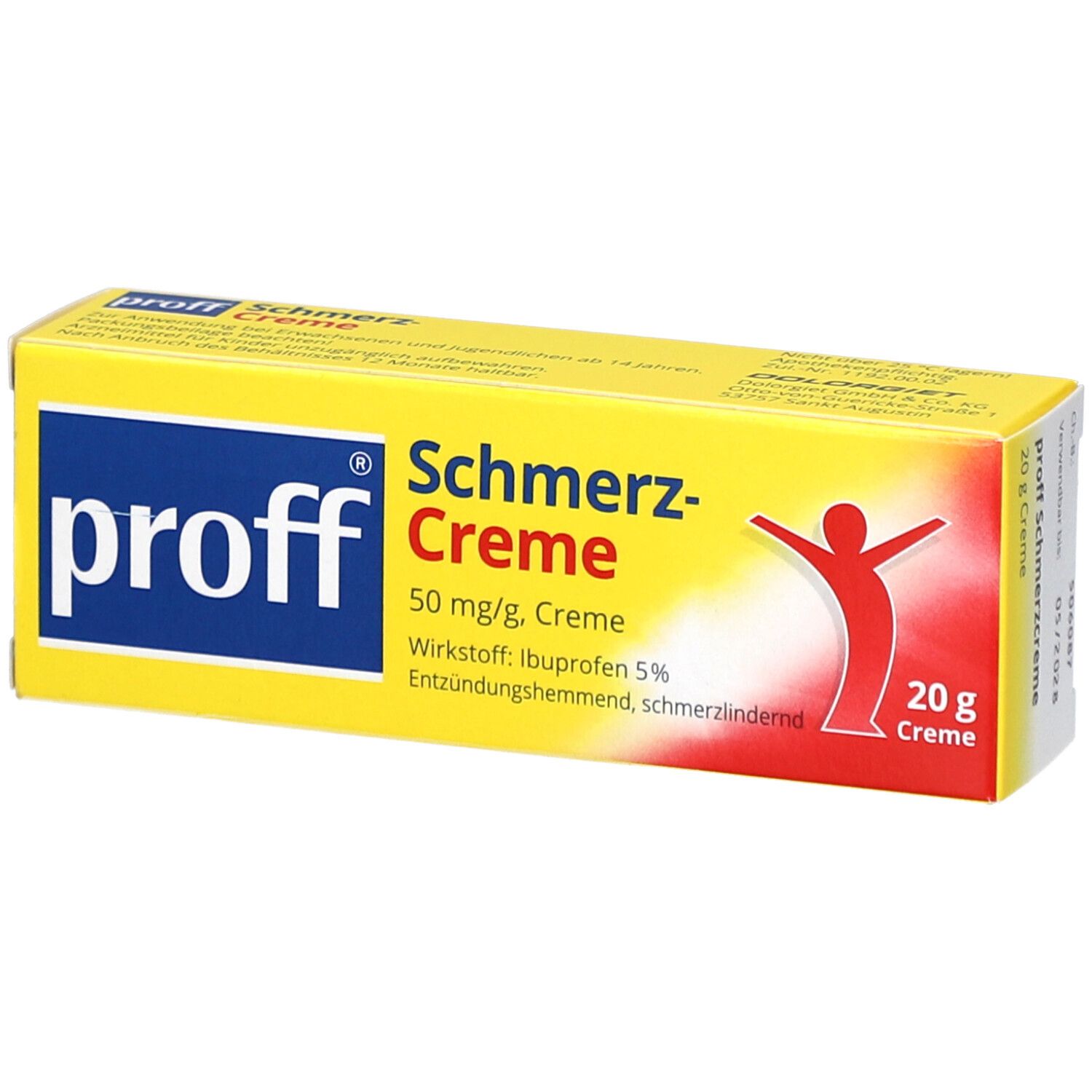 Gelbe Schachtel mit blauer Schrift. Aufschrift: proff Schmerz-Creme, 50 mg/g, Creme. Enthält Ibuprofen 5%. 20 g Creme.