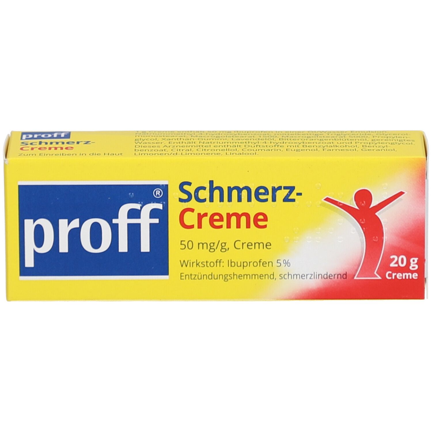 Gelbe Schachtel mit blauer Schrift. Aufschrift: proff Schmerz-Creme, 50 mg/g, Creme. Enthält Ibuprofen 5%. 20 g Creme.