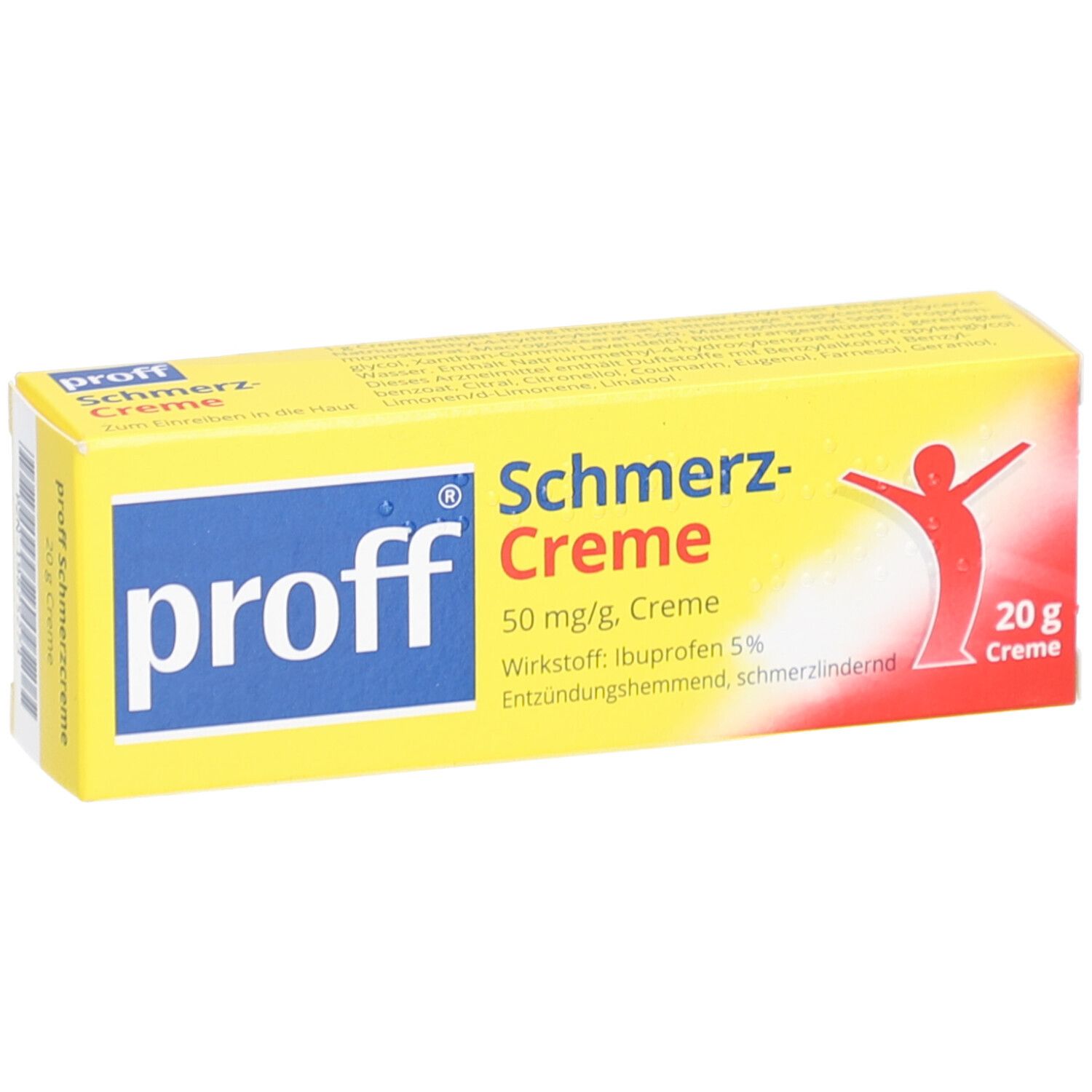 Gelbe Schachtel mit blauer Schrift. Aufschrift: proff Schmerz-Creme, 50 mg/g, Creme. Enthält Ibuprofen 5%. 20 g Creme.