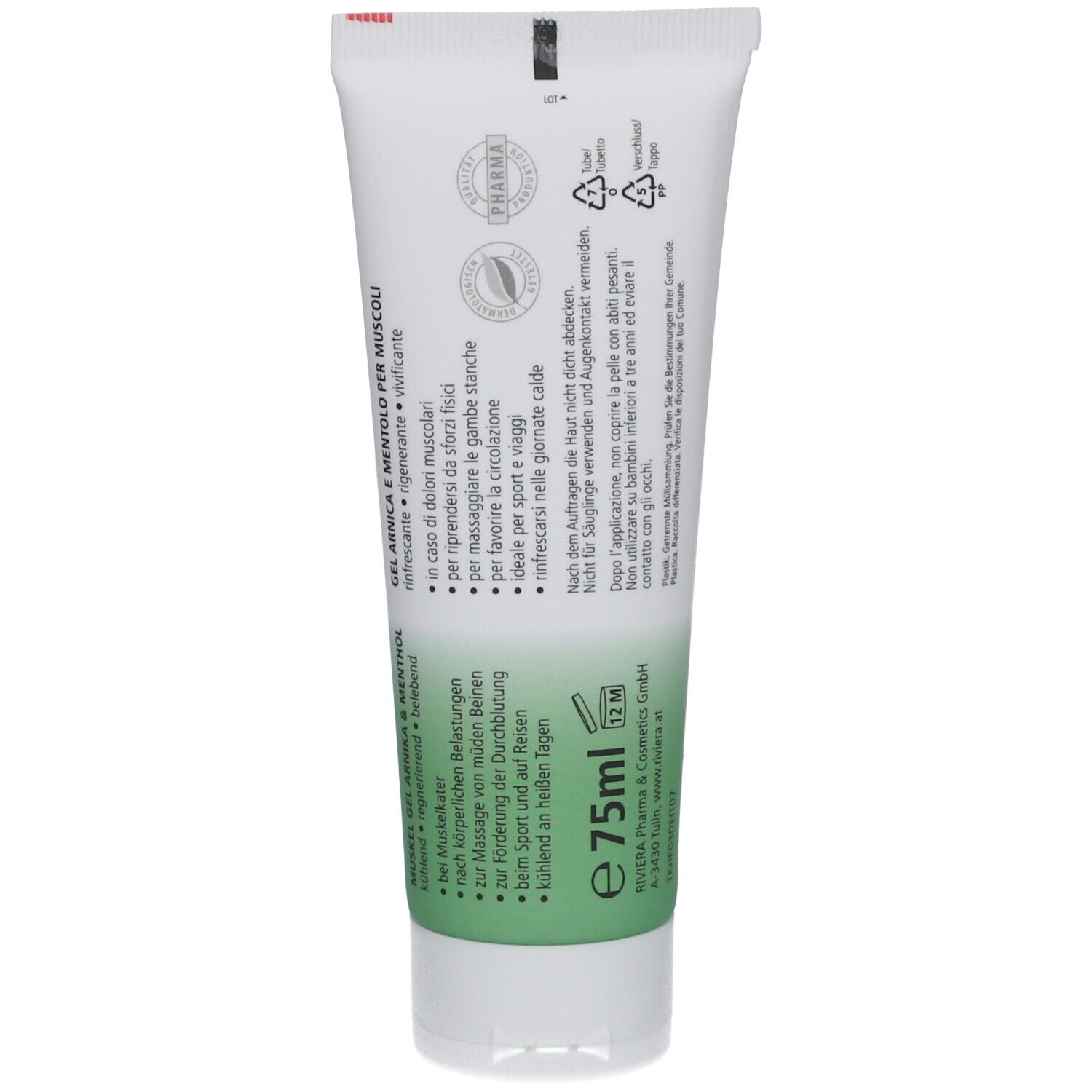 Rückseite der Tube Holzhacker Muskelgel Arnika & Menthol. Text: Anwendungshinweise, Inhaltsstoffe, 75ml.