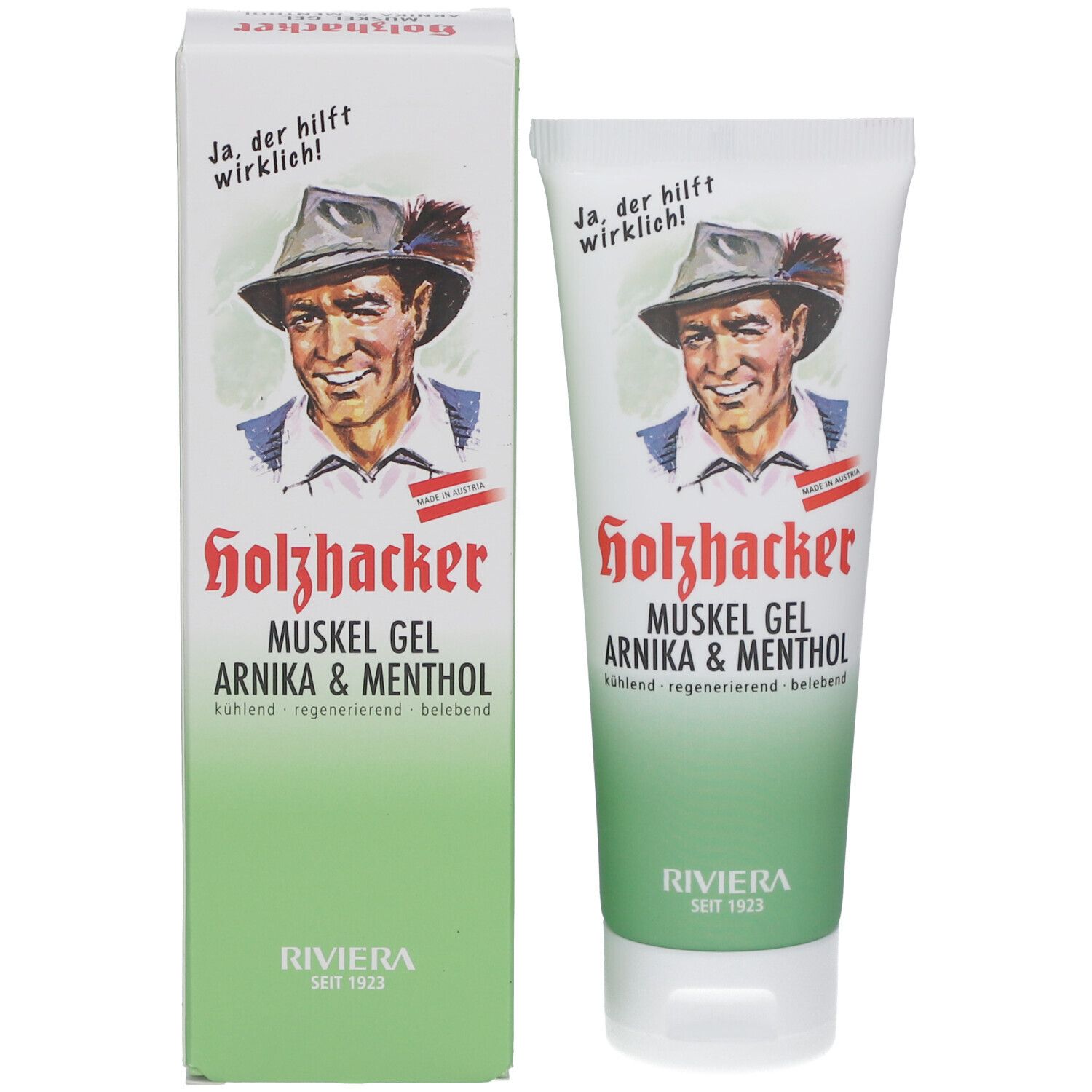 Produkt Holzhacker Muskelgel Arnika & Menthol mit Verpackung. Mann mit Hut, Produktname, Riviera.