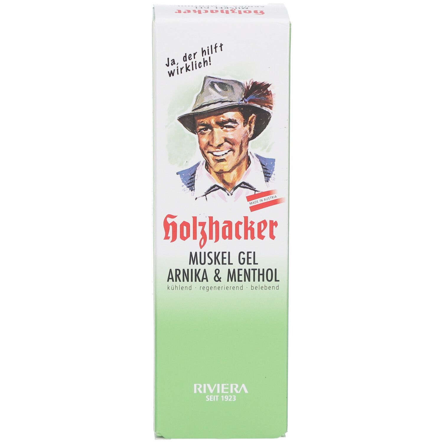 Verpackung von Holzhacker Muskelgel Arnika & Menthol. Mann mit Hut, Produktname, Riviera.