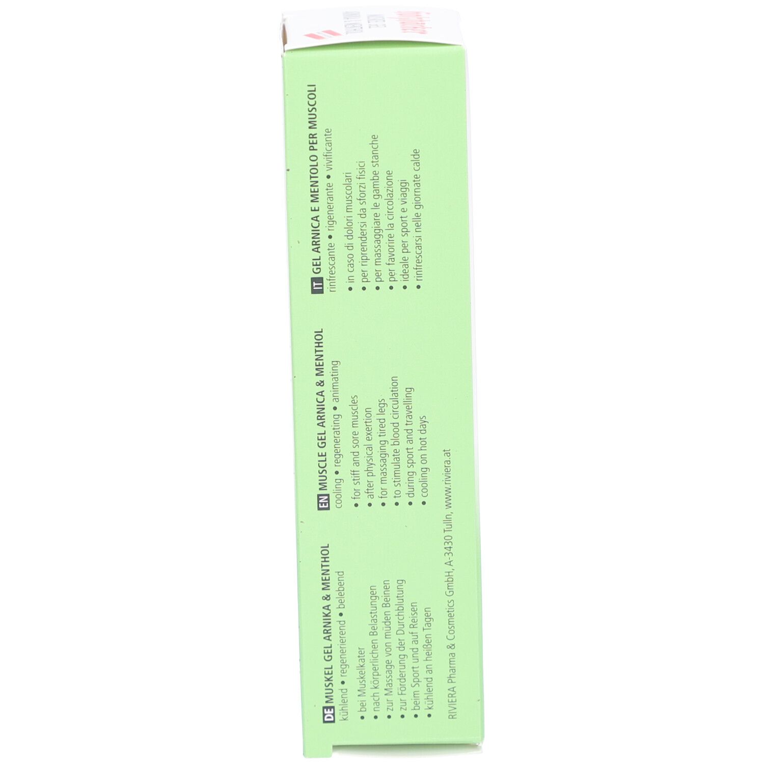 Seite der Verpackung Holzhacker Muskelgel Arnika & Menthol. Text: Anwendung, Inhaltsstoffe, 75ml.