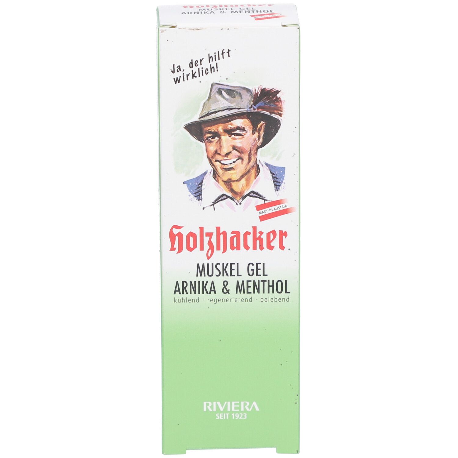 Verpackung von Holzhacker Muskelgel Arnika & Menthol. Mann mit Hut, Produktname, Riviera.