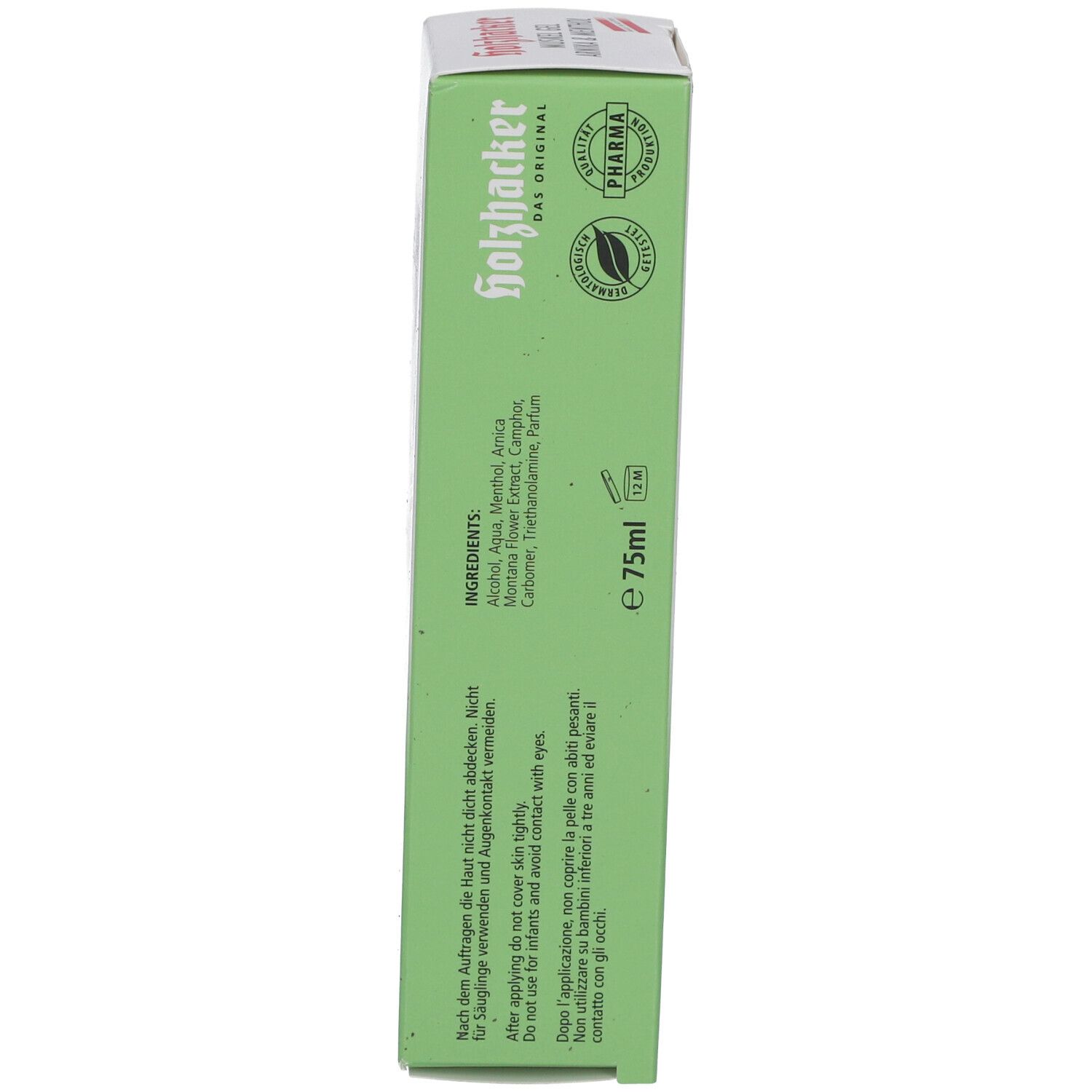 Seite der Verpackung Holzhacker Muskelgel Arnika & Menthol. Text: Inhaltsstoffe, 75ml, Logo.