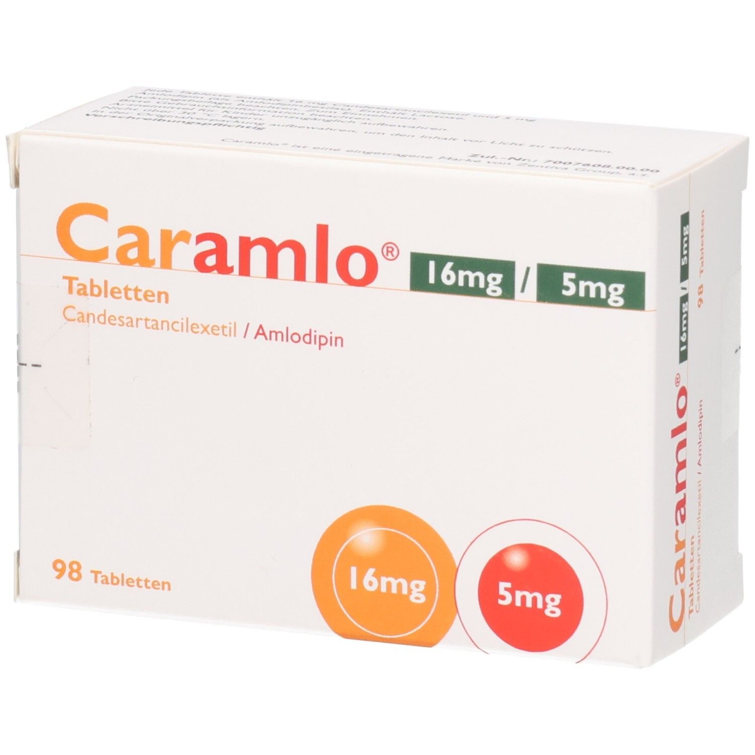 Weiße Tablettenbox mit Aufschrift Caramlo 16mg/5mg. Enthält 98 Tabletten. Orange und rote Kreise mit Dosierungsangaben.