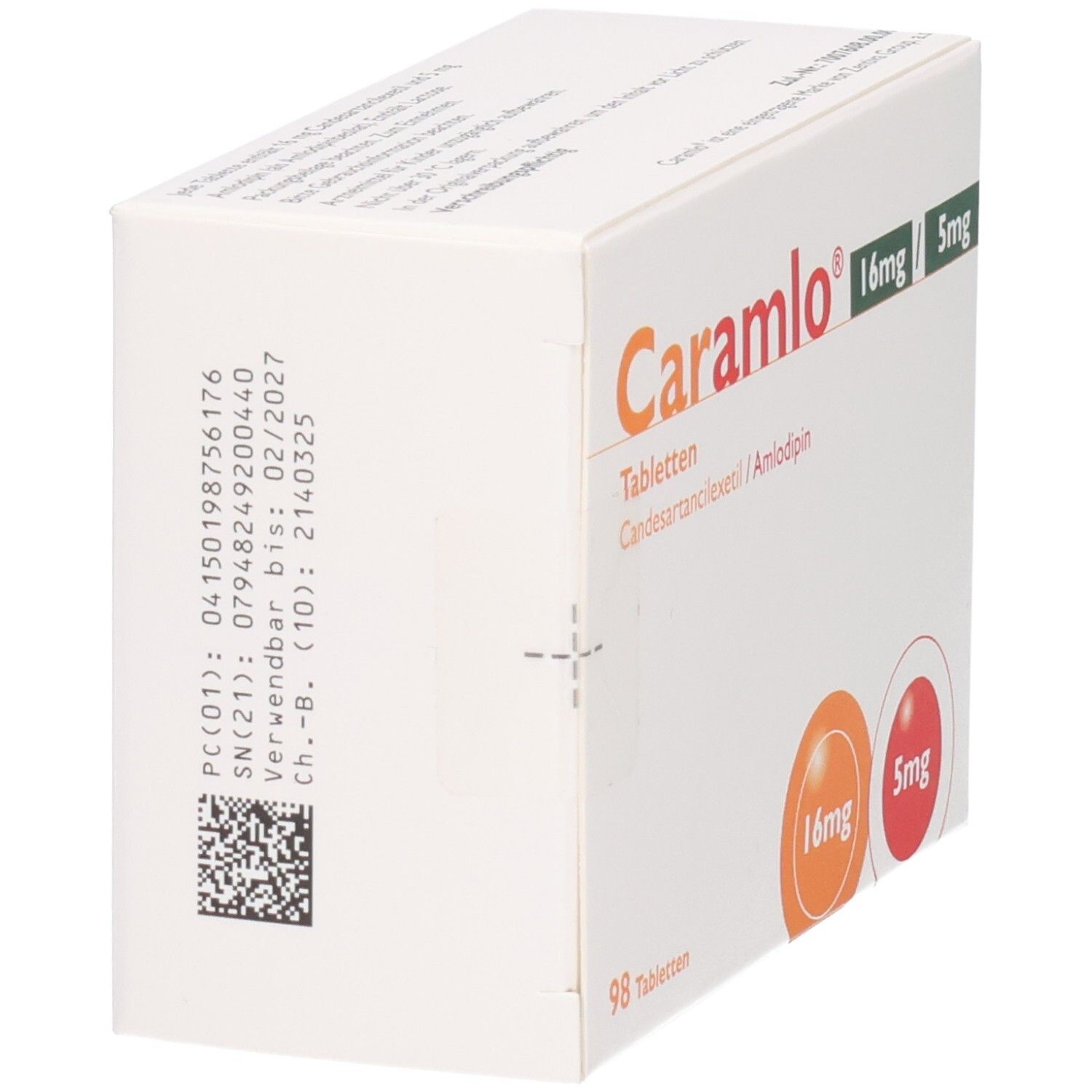 Tablettenbox mit Caramlo 16mg/5mg. Enthält 98 Tabletten. QR-Code und Chargennummer. Orange und rote Kreise mit Dosierungsangaben.