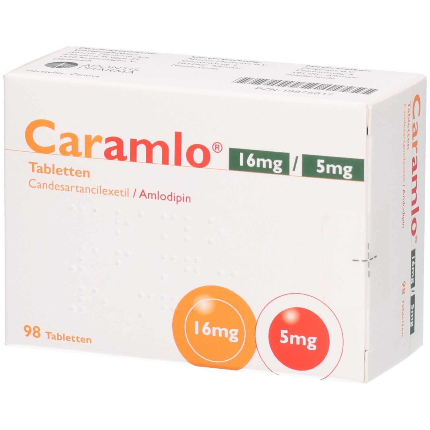 Weiße Tablettenbox mit Caramlo 16mg/5mg. Enthält 98 Tabletten. Orange und rote Kreise mit Dosierungsangaben. Produktname und Dosierung.