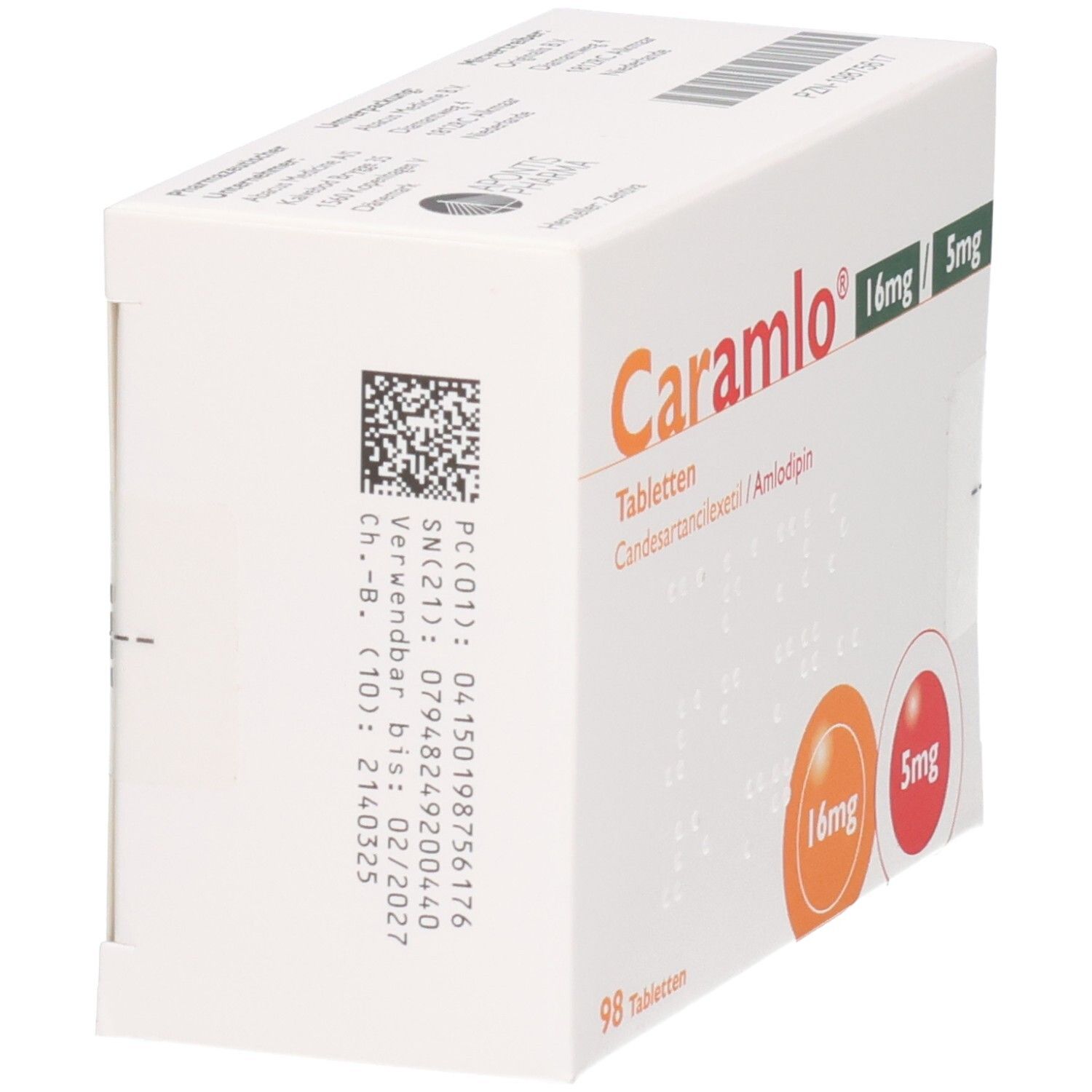 Tablettenbox mit Caramlo 16mg/5mg. Enthält 98 Tabletten. QR-Code und Chargennummer. Produktname und Dosierung.