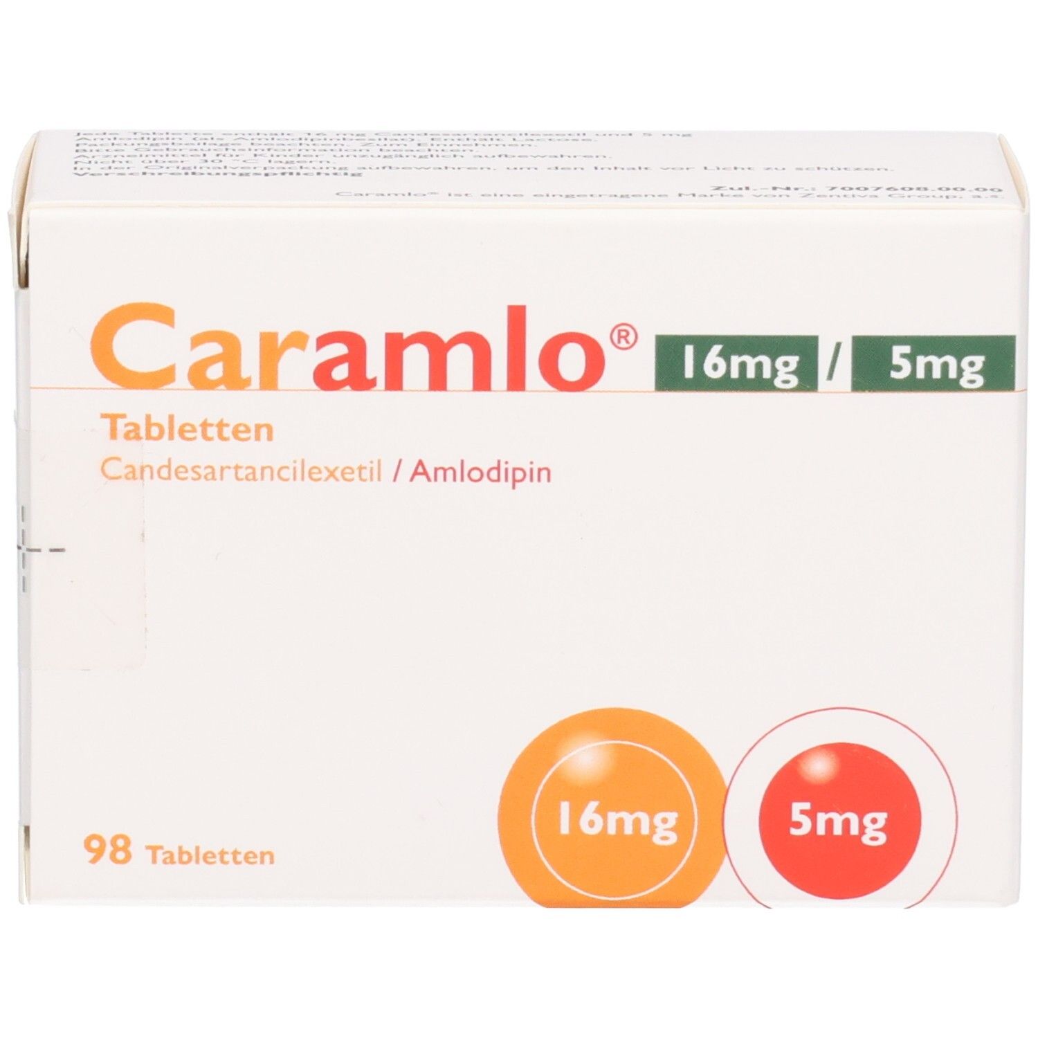 Weiße Tablettenbox mit Caramlo 16mg/5mg. Enthält 98 Tabletten. Orange und rote Kreise mit Dosierungsangaben. Produktname und Dosierung.