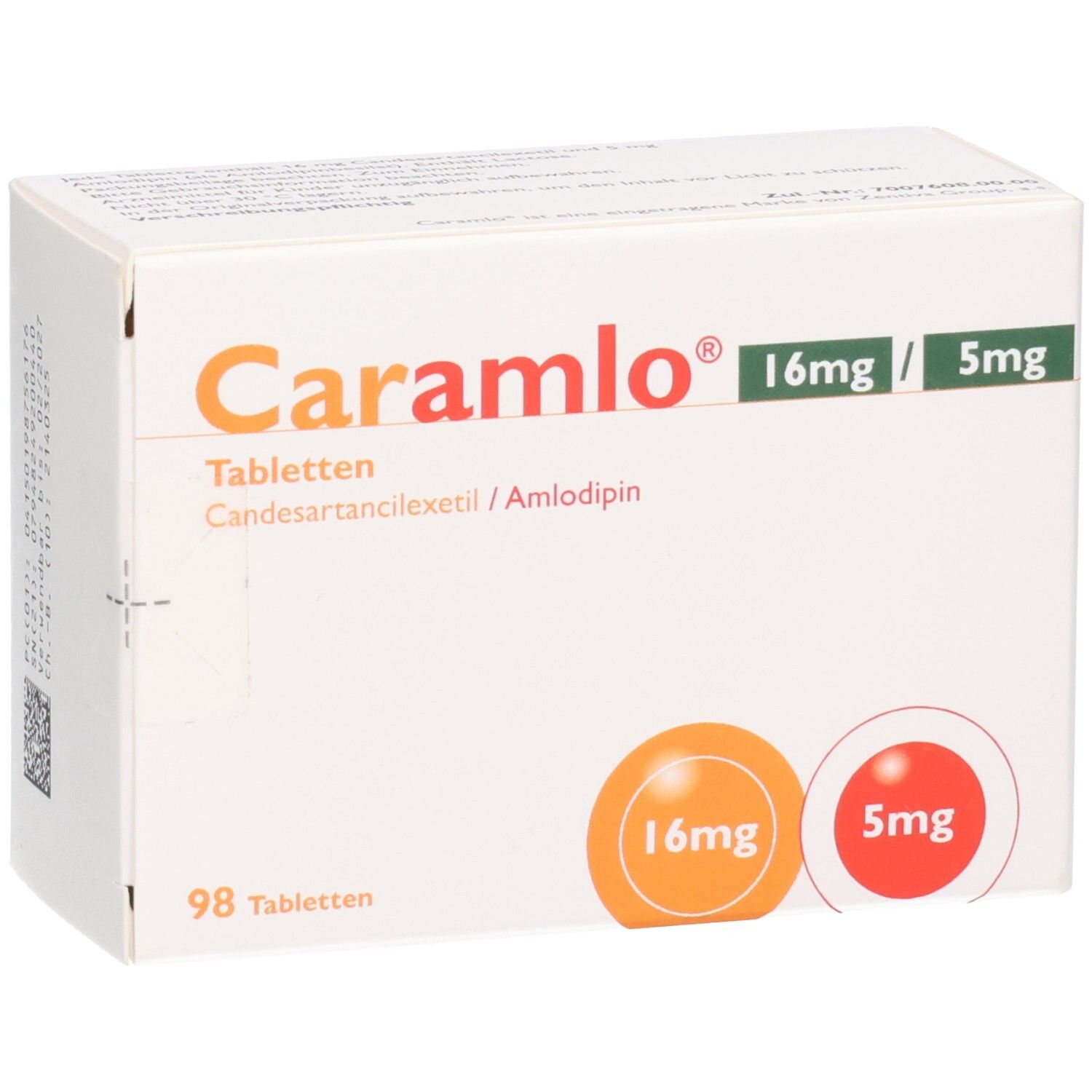 Weiße Tablettenbox mit Caramlo 16mg/5mg. Enthält 98 Tabletten. Orange und rote Kreise mit Dosierungsangaben. Produktname und Dosierung.