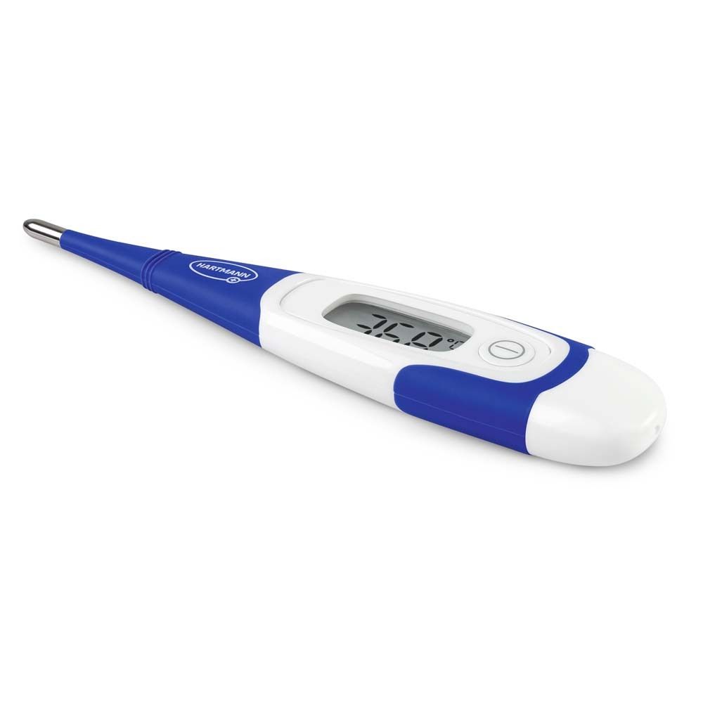 Digitales Fieberthermometer, blau-weiß. Zeigt Temperatur 36.0°C. Mit Display und Knopf.