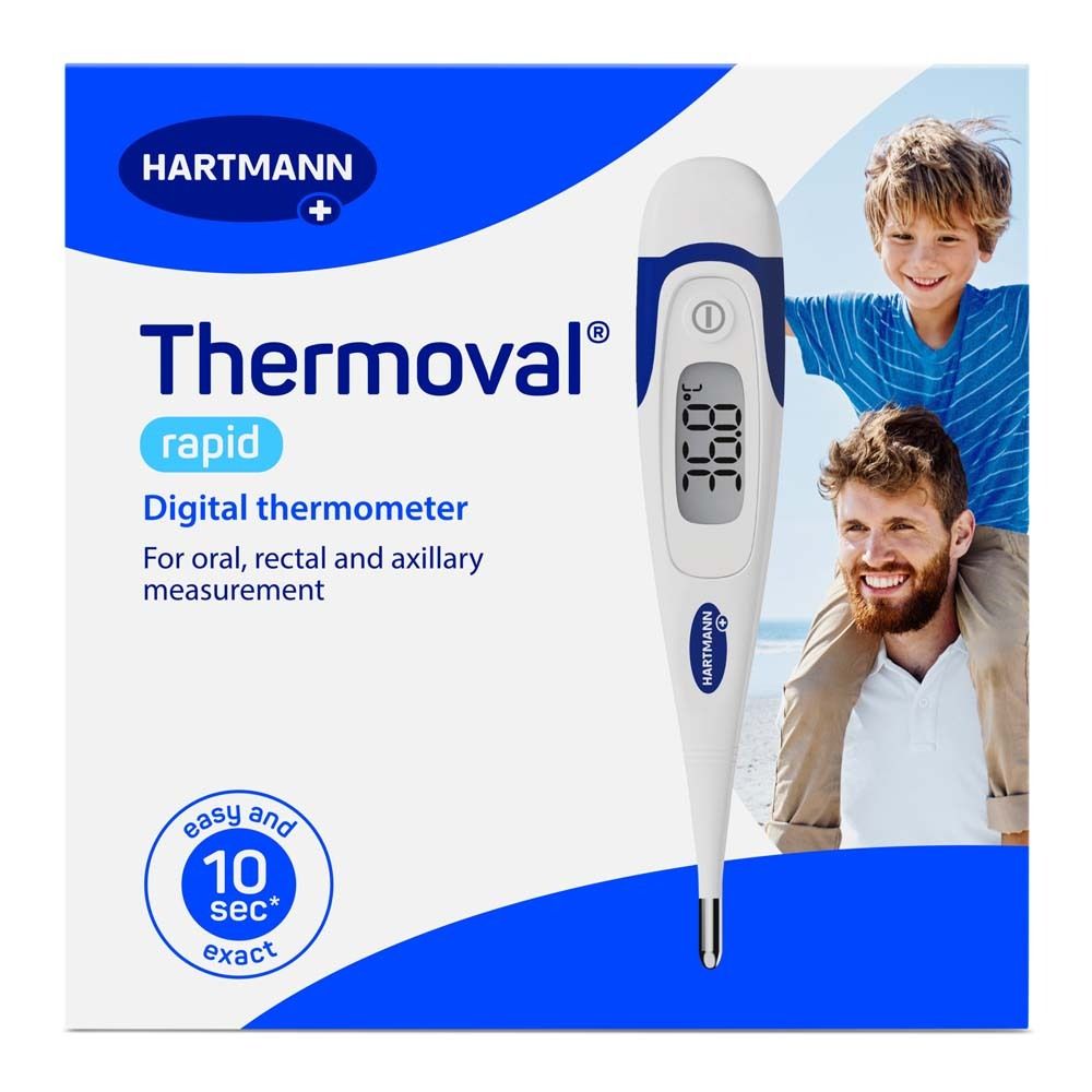 Verpackung Thermoval® rapid. Digitales Thermometer mit Display, blau-weiß. Aufdruck: Hartmann, 10 sec., Messung oral, rektal, axillar.