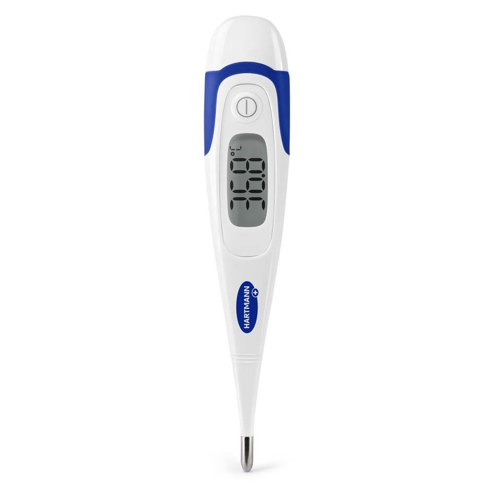 Digitales Fieberthermometer, weiß-blau. Display mit Temperaturanzeige 36.8°C. Aufdruck: Hartmann.