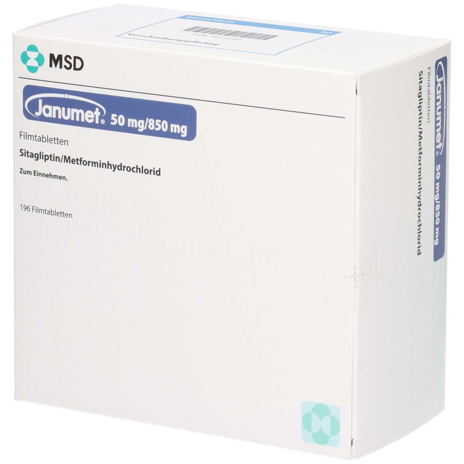 Weiße rechteckige Schachtel. Aufschrift: Janumet 50 mg/850 mg Filmtabletten. Sitagliptin/Metforminhydrochlorid. 196 Filmtabletten.