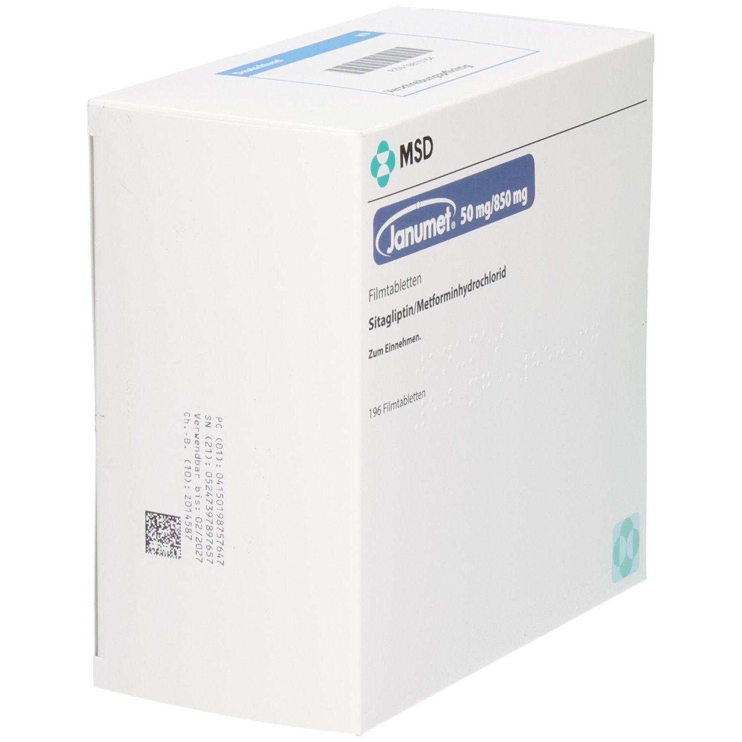 Weiße rechteckige Schachtel. Aufschrift: Janumet 50 mg/850 mg Filmtabletten. Sitagliptin/Metforminhydrochlorid. 196 Filmtabletten.