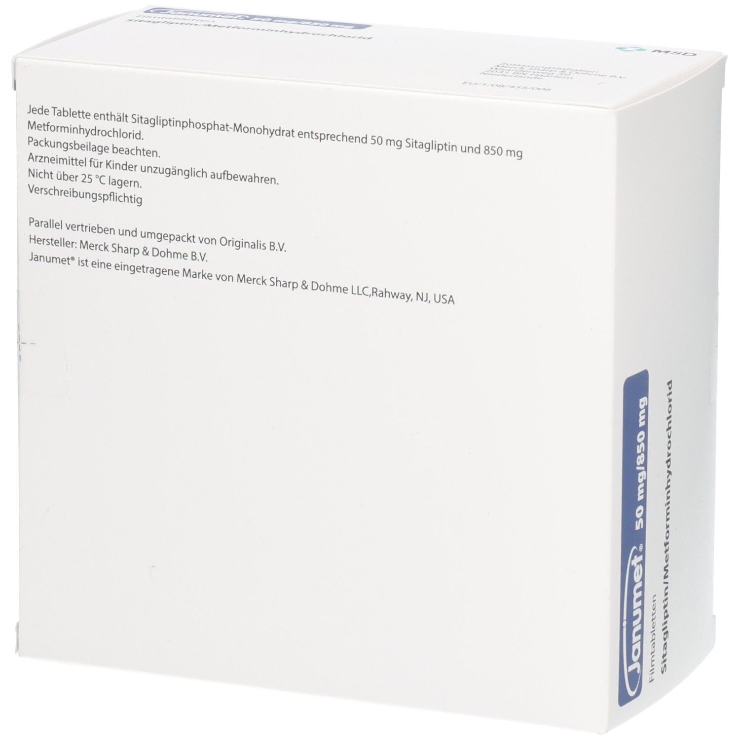 Rückseite einer weißen rechteckigen Schachtel. Textinformationen. Aufschrift: Janumet 50 mg/850 mg. Sitagliptin/Metforminhydrochlorid.