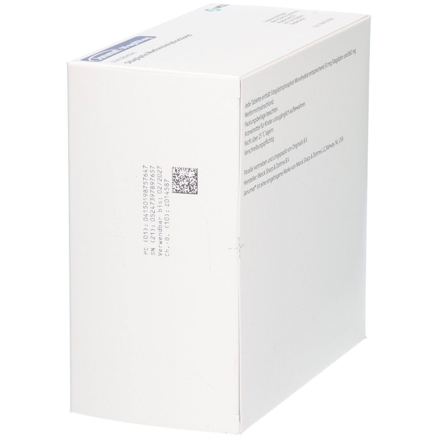 Weiße rechteckige Schachtel. Text und QR-Code. Aufschrift: Janumet 50 mg/850 mg Filmtabletten. Sitagliptin/Metforminhydrochlorid.