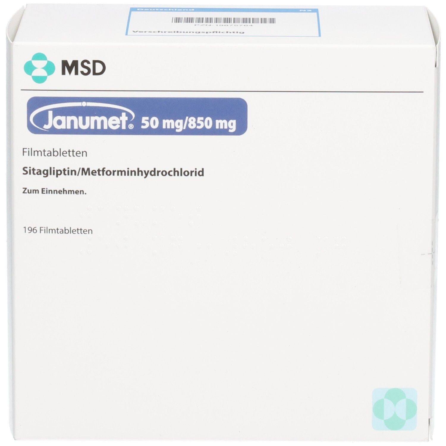 Weiße rechteckige Schachtel. Aufschrift: Janumet 50 mg/850 mg Filmtabletten. Sitagliptin/Metforminhydrochlorid. 196 Filmtabletten.