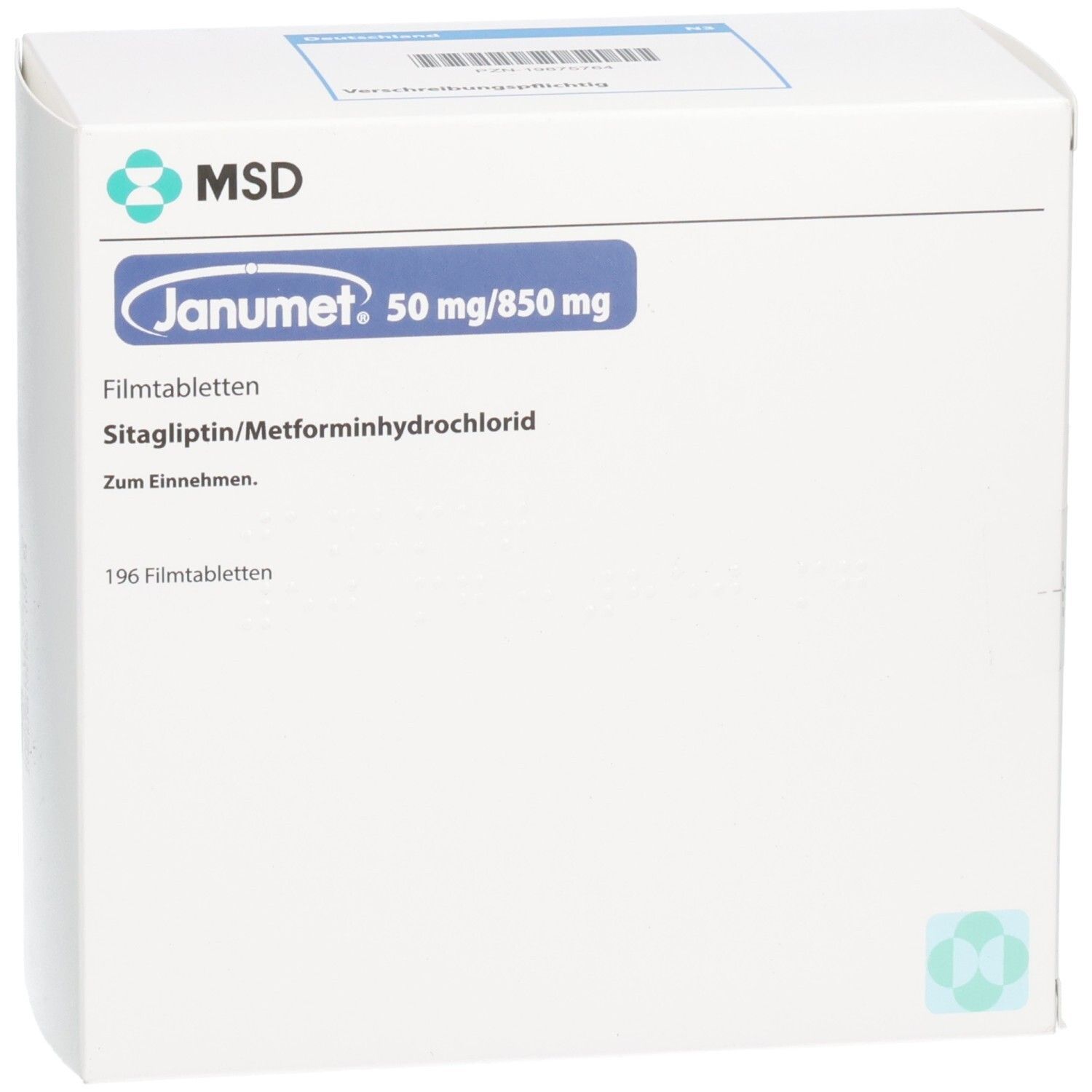 Weiße rechteckige Schachtel. Aufschrift: Janumet 50 mg/850 mg Filmtabletten. Sitagliptin/Metforminhydrochlorid. 196 Filmtabletten.