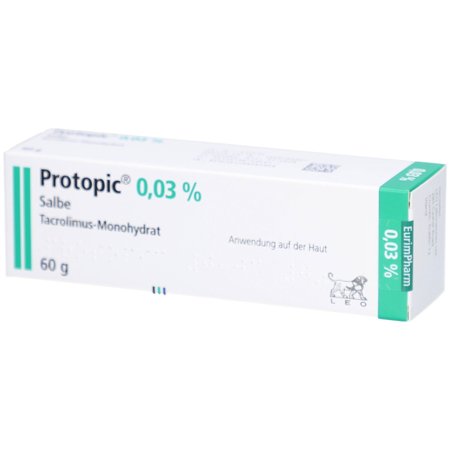 Weiße Faltschachtel mit grünen Akzenten. Aufdruck: Protopic 0,03% Salbe, 60 g. Enthält Tacrolimus-Monohydrat. Anwendung auf der Haut.