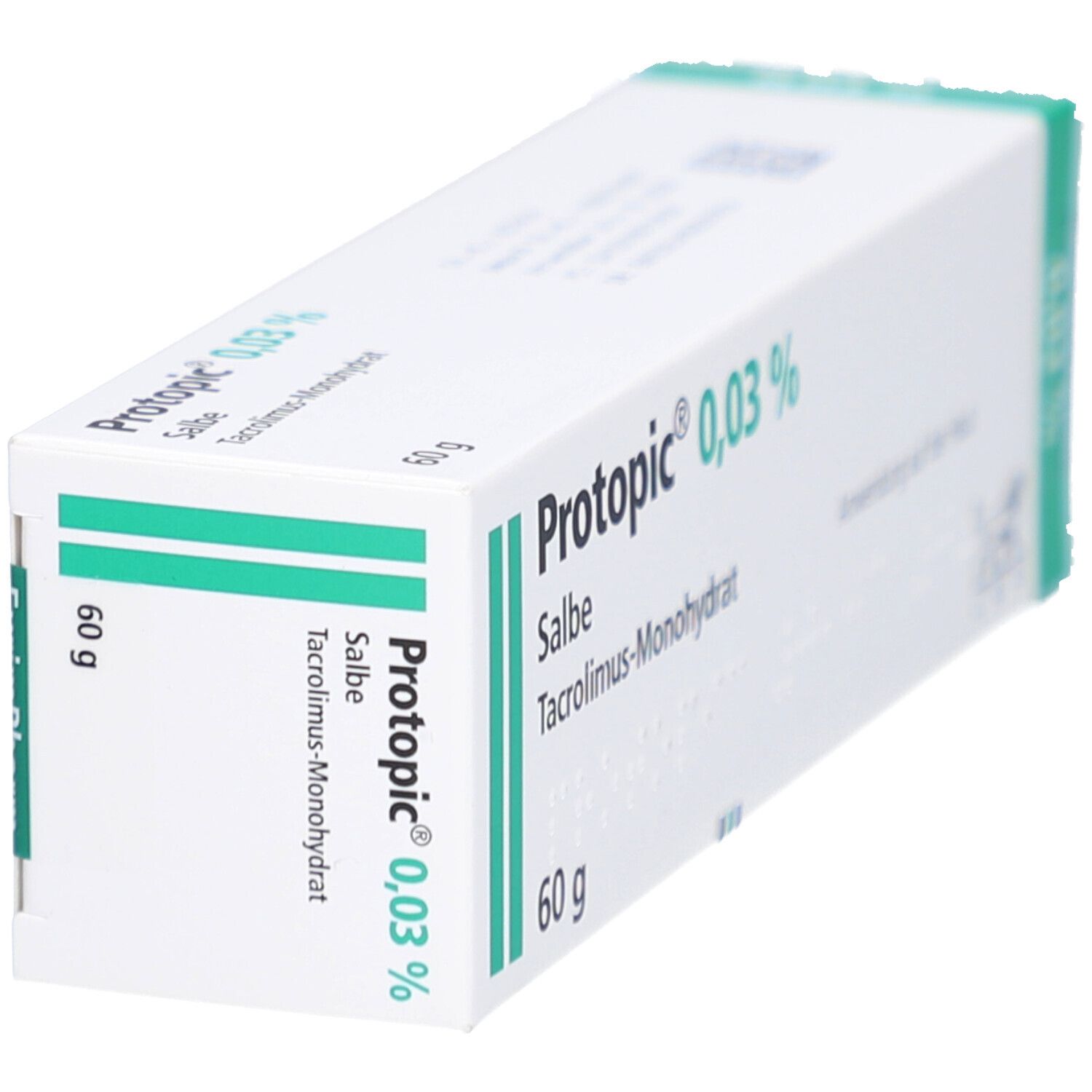 Schräg gestellte weiße Faltschachtel mit grünen Akzenten. Aufdruck: Protopic 0,03% Salbe, 60 g. Enthält Tacrolimus-Monohydrat.