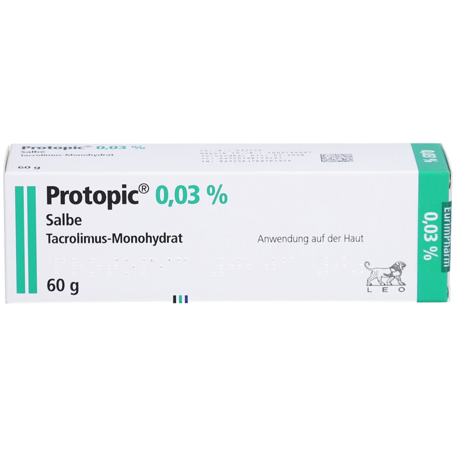 Weiße Faltschachtel mit grünen Akzenten. Aufdruck: Protopic 0,03% Salbe, 60 g. Enthält Tacrolimus-Monohydrat. Anwendung auf der Haut.