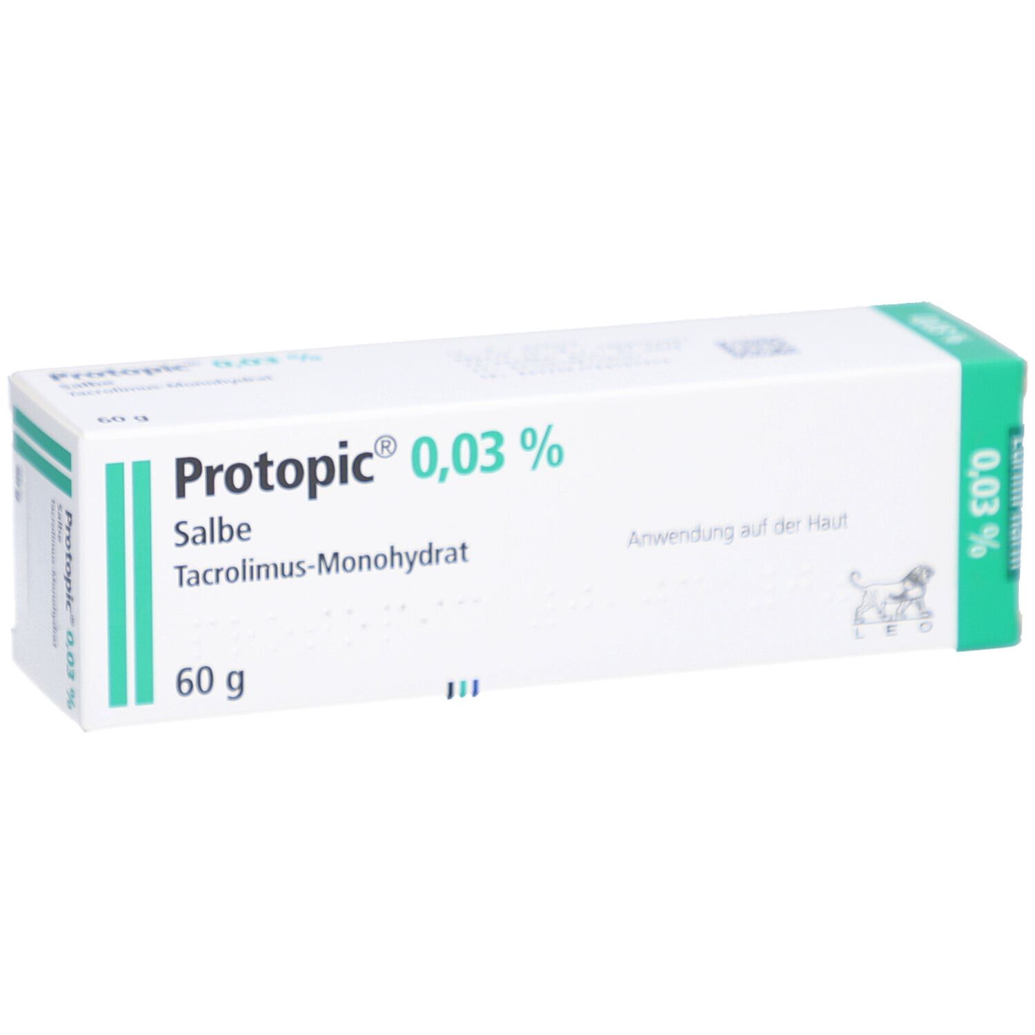 Weiße Faltschachtel mit grünen Akzenten. Aufdruck: Protopic 0,03% Salbe, 60 g. Enthält Tacrolimus-Monohydrat. Anwendung auf der Haut.