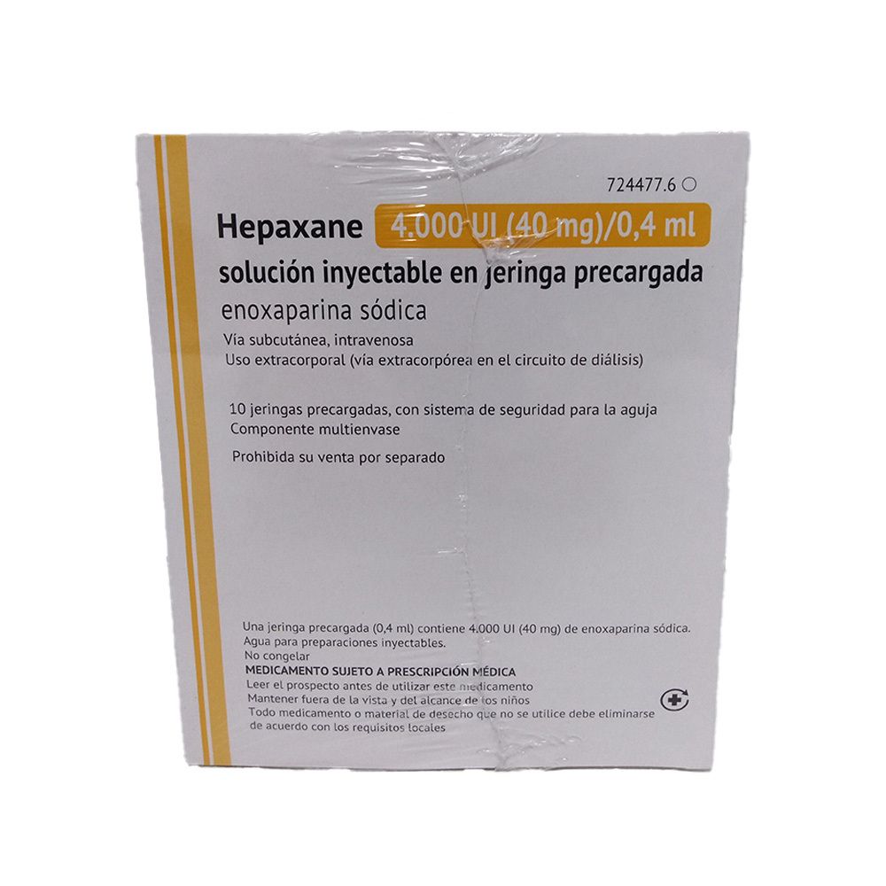 Karton von Hepaxane. Aufschrift: 4.000 UI (40 mg)/0,4 ml. Enthält 10 Fertigspritzen. Gebrauchsanweisung in Spanisch.