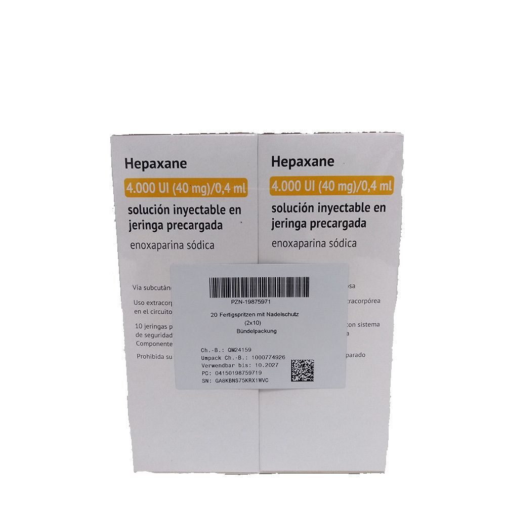 Zwei Hepaxane-Kartons nebeneinander. Aufschrift: 4.000 UI (40 mg)/0,4 ml. Enthält 10 Fertigspritzen. Mit Aufkleber.