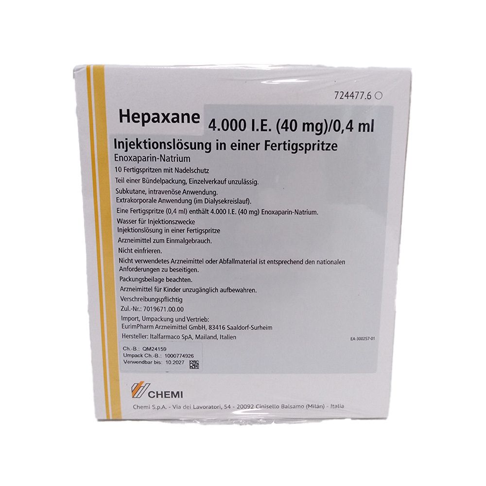 Karton von Hepaxane. Aufschrift: 4.000 I.E. (40 mg)/0,4 ml. Enthält 10 Fertigspritzen. Gebrauchsanweisung in Deutsch.