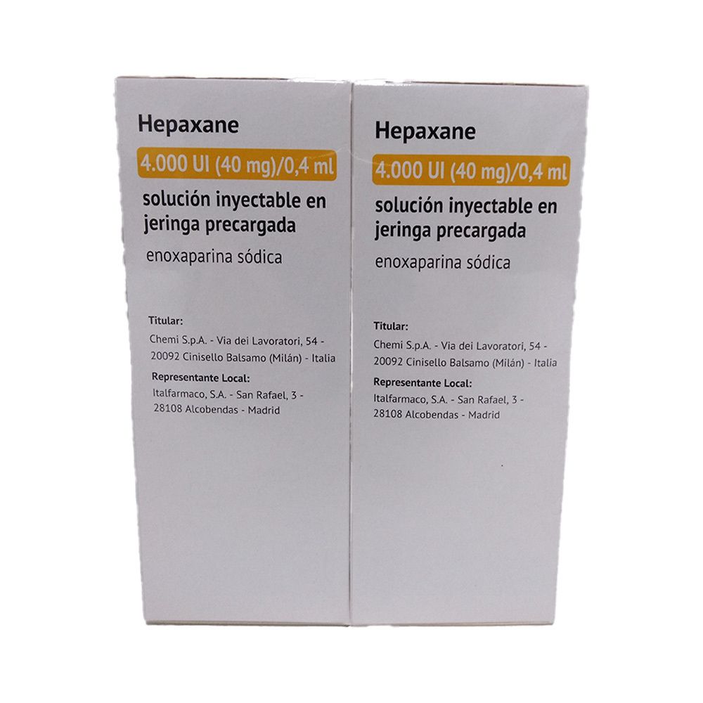 Zwei Hepaxane-Kartons nebeneinander. Aufschrift: 4.000 UI (40 mg)/0,4 ml. Mit Adressen.