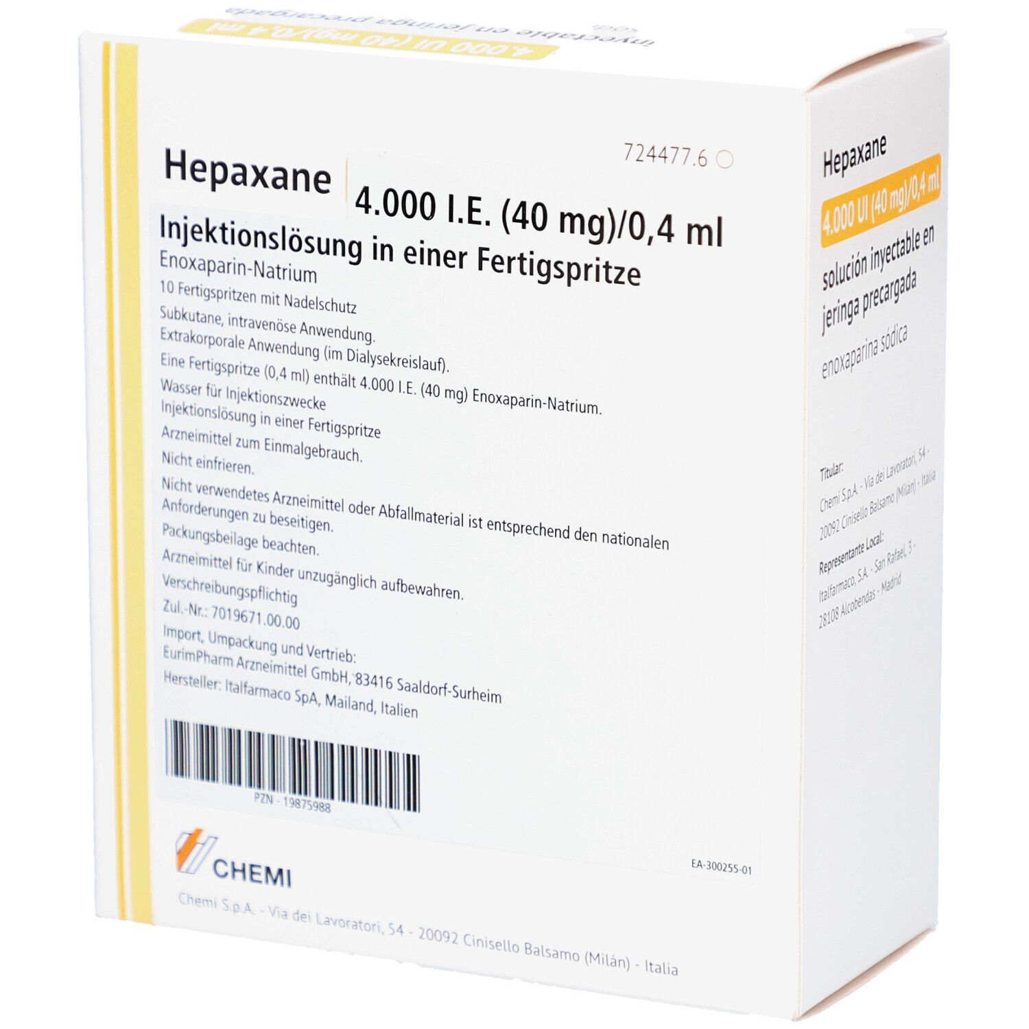 Verpackung von Hepaxane 4.000 I.E. Injektionslösung. Enthält Fertigspritzen. Text in Deutsch und Spanisch.