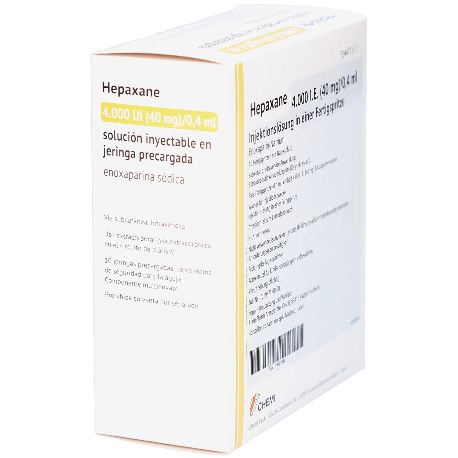 Verpackung von Hepaxane 4.000 UI, Injektionslösung. Enthält Fertigspritzen. Text in Deutsch und Spanisch.