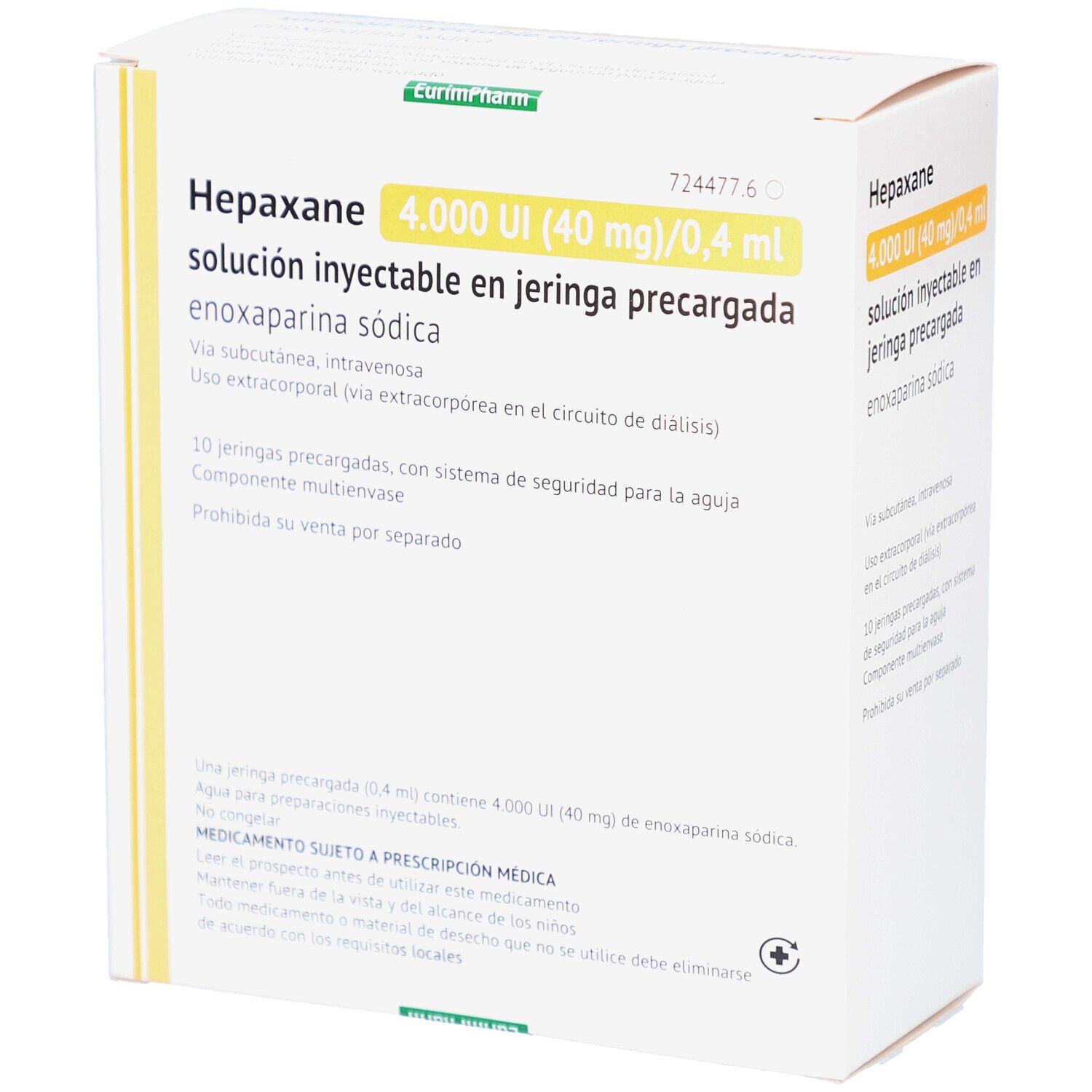 Verpackung von Hepaxane 4.000 UI, Injektionslösung. Enthält Fertigspritzen. Text in Deutsch und Spanisch.