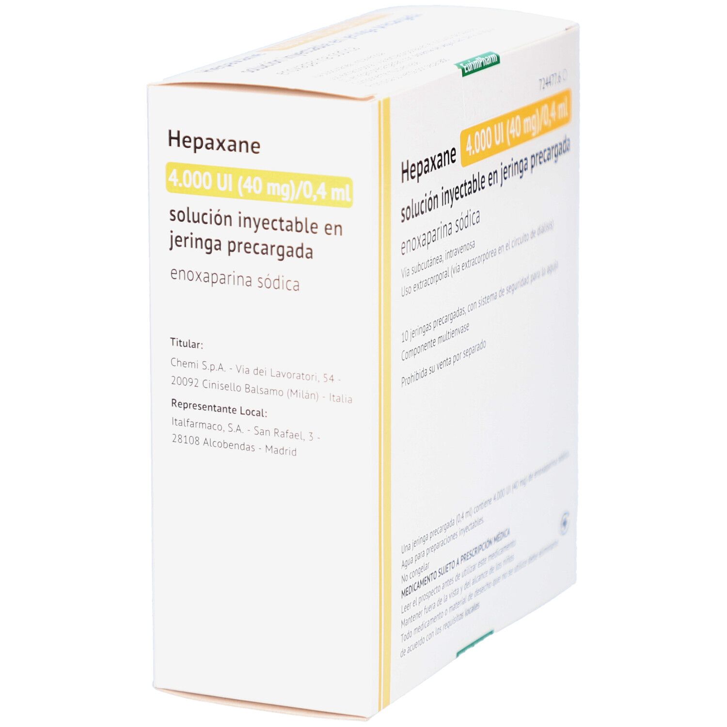 Verpackung von Hepaxane 4.000 UI, Injektionslösung. Enthält Fertigspritzen. Text in Deutsch und Spanisch.