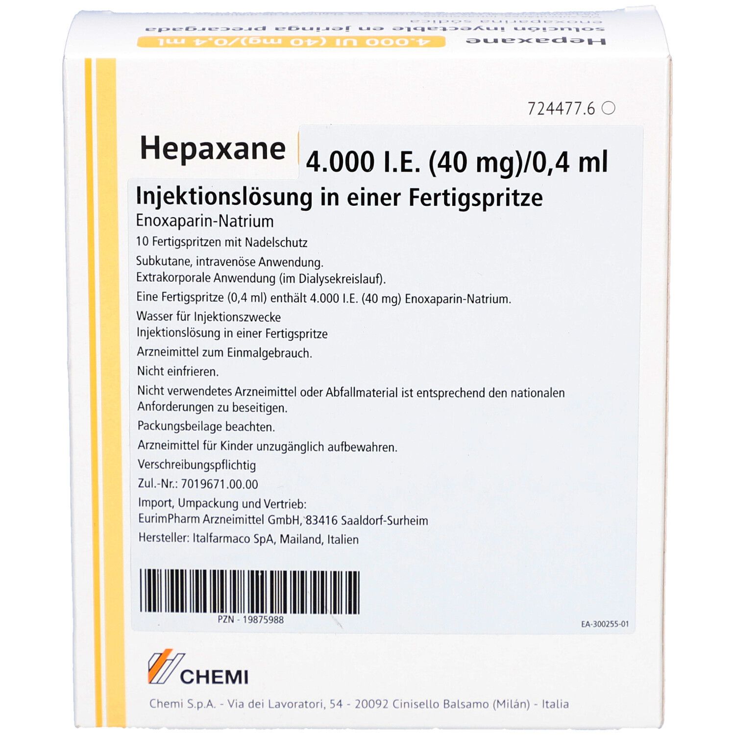 Verpackung von Hepaxane 4.000 I.E. Injektionslösung in Fertigspritze. Text in Deutsch.