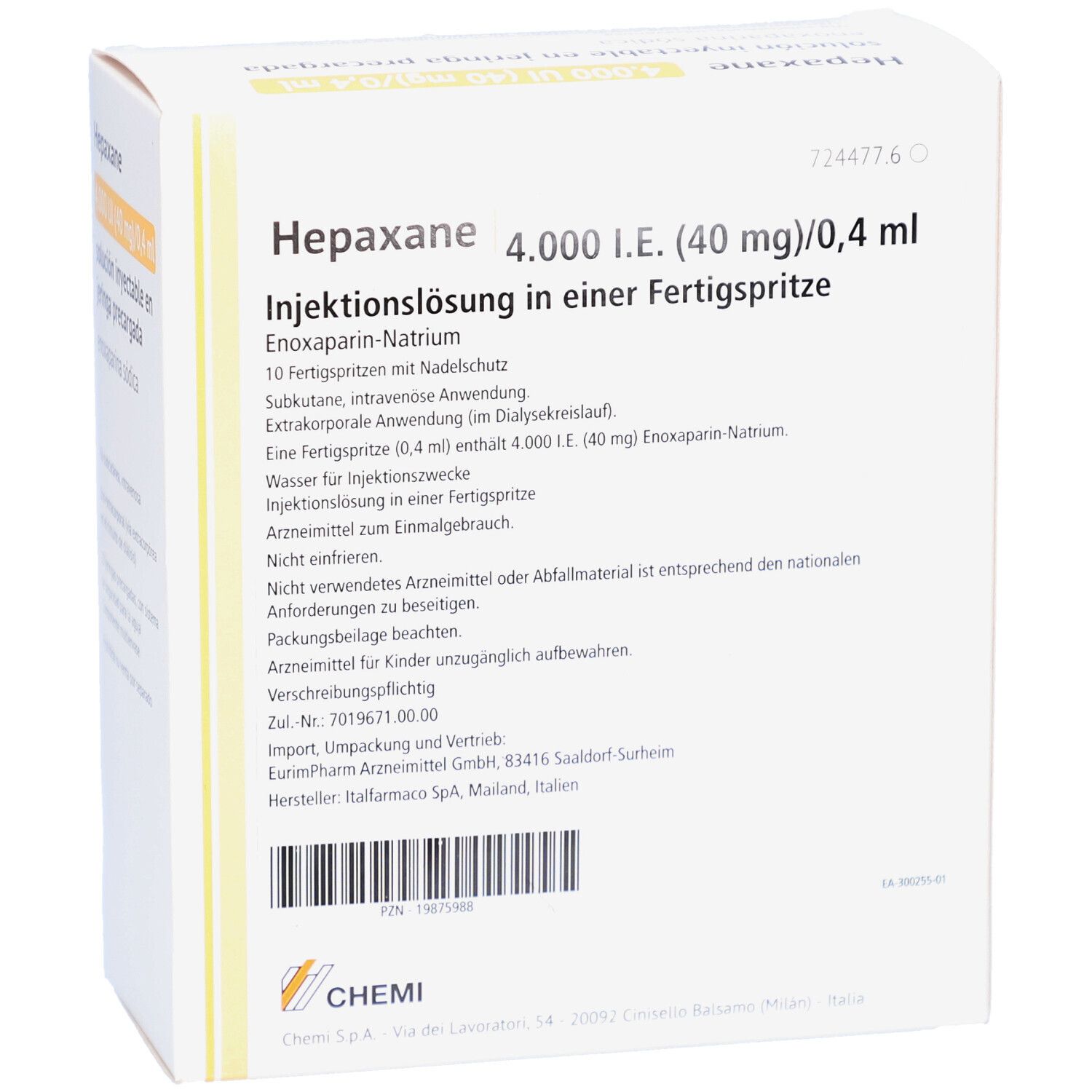 Verpackung von Hepaxane 4.000 I.E. Injektionslösung in Fertigspritze. Text in Deutsch.