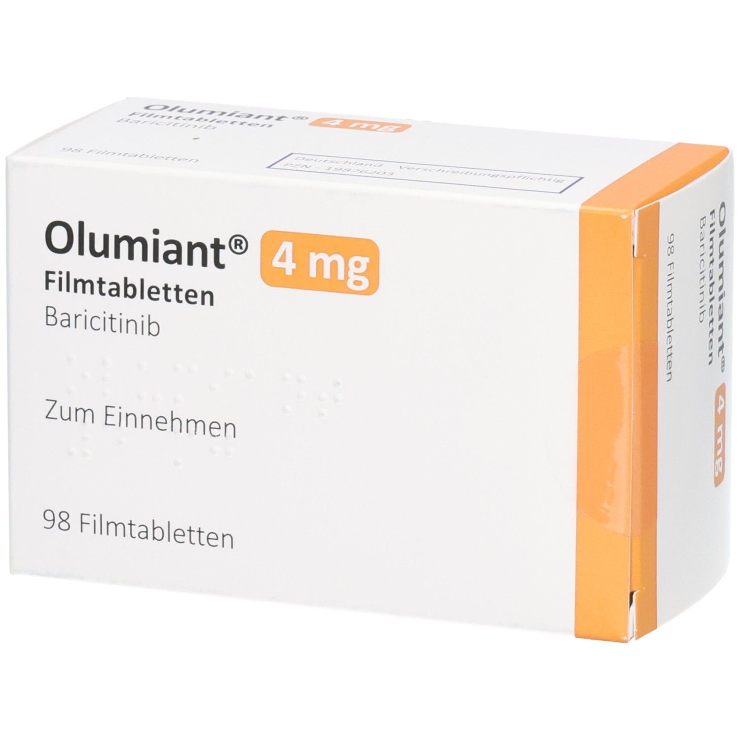 Verpackung von Olumiant 4 mg Filmtabletten mit 98 Tabletten, Baricitinib.