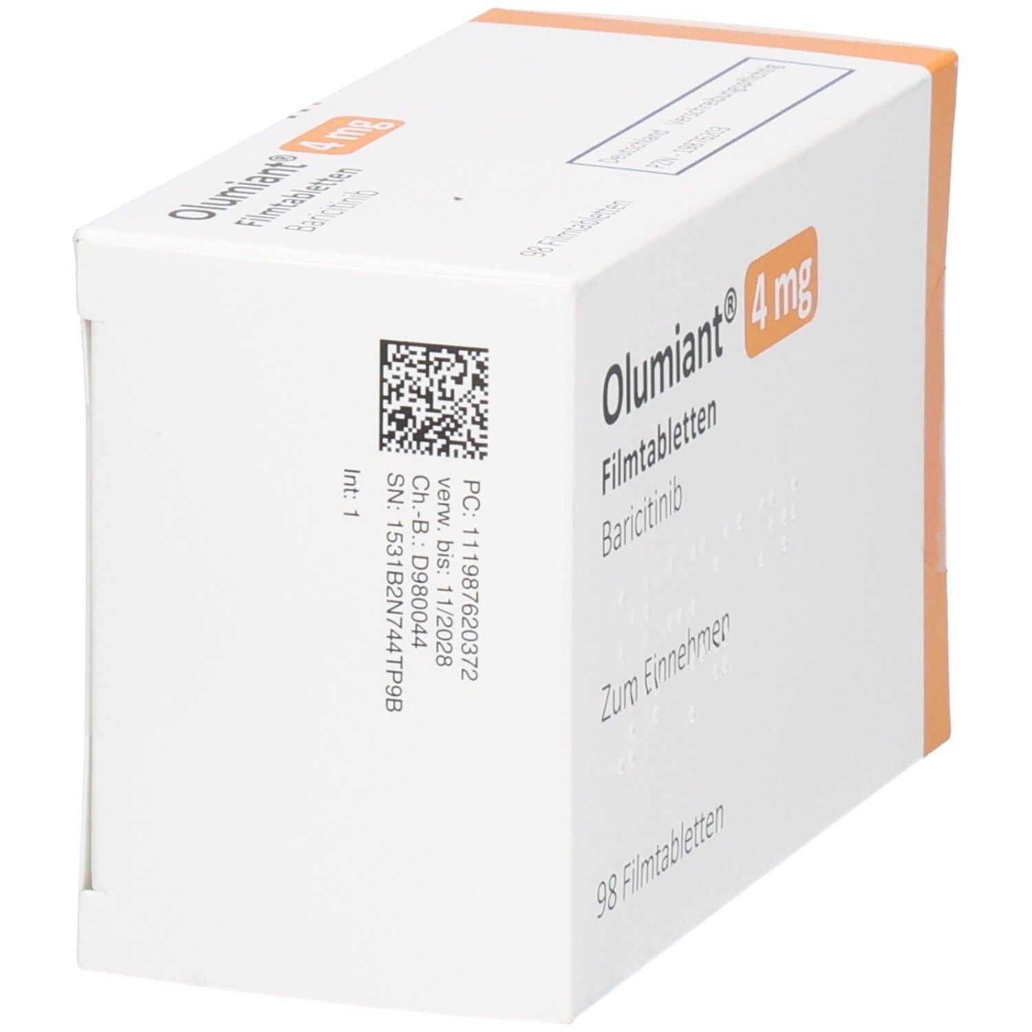 Seitenansicht der Olumiant 4 mg Filmtabletten Verpackung mit Barcode und Chargennummer.
